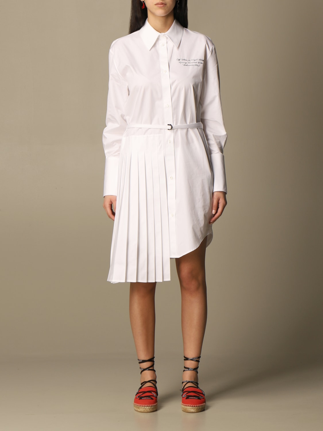 OFF-WHITE: Off White shirt dress with pleated panel - White | Off-White  dress OWDB280R21FAB001 online at GIGLIO.COM