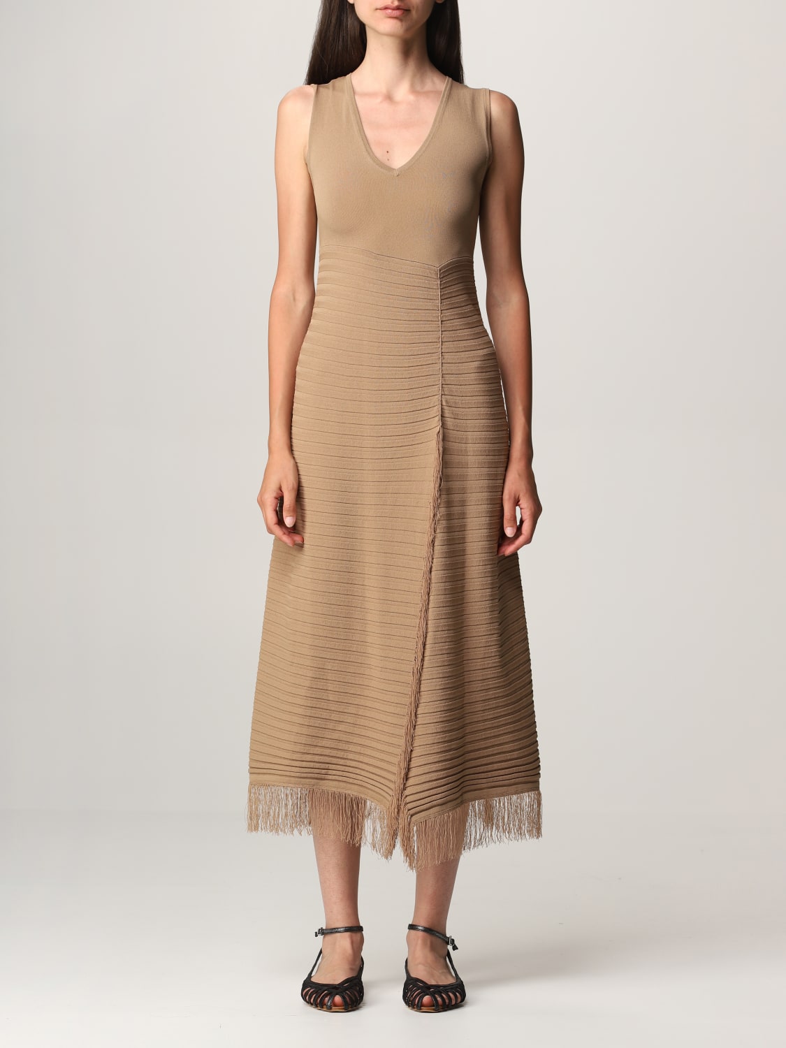 PINKO: knit dress with fringes - Beige | Pinko dress 1G15ZA-Y6X8 online at  GIGLIO.COM