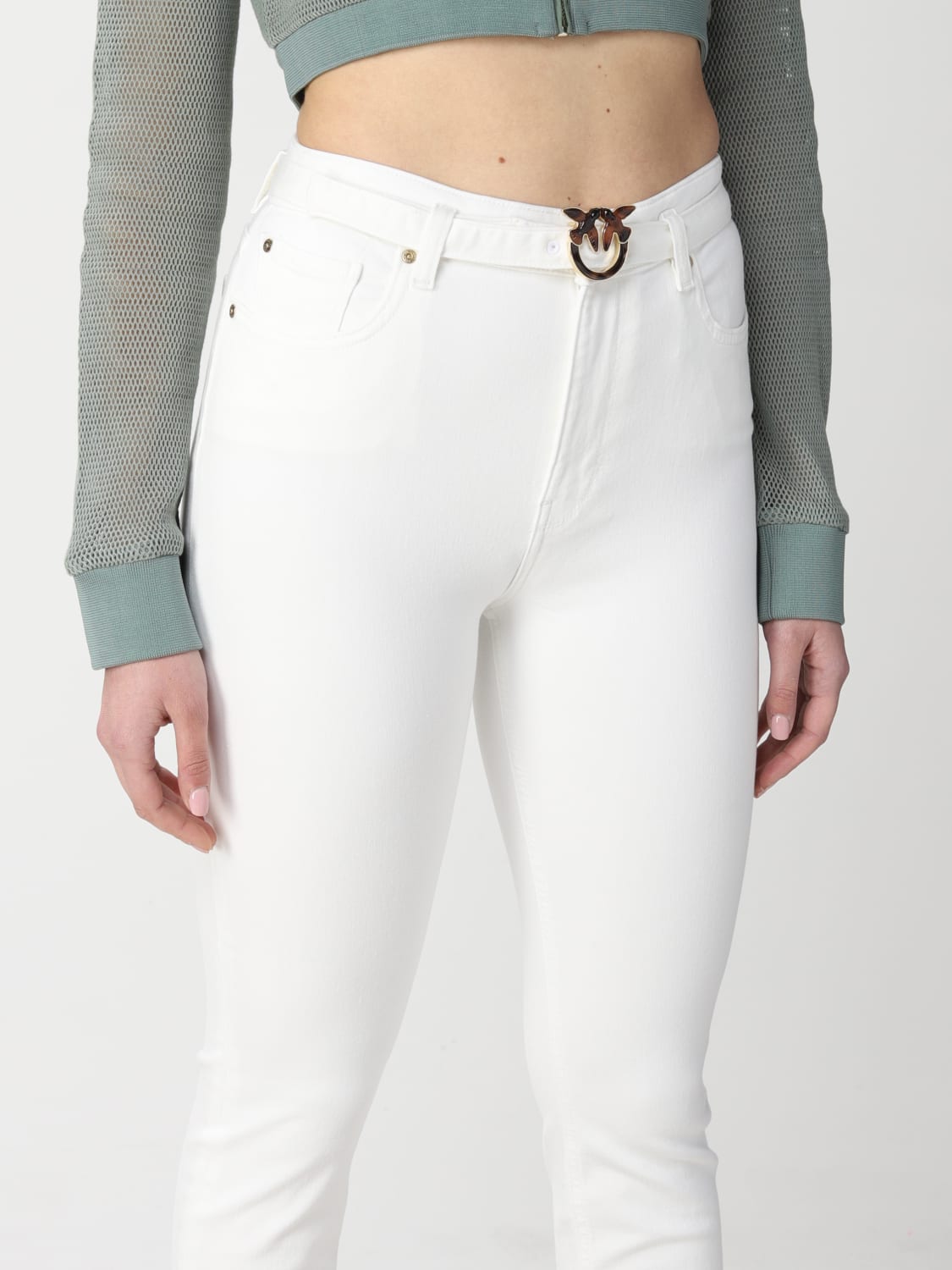 PINKO JEANS: Love Birds Pinko jeans in denim with belt, White - Img 3