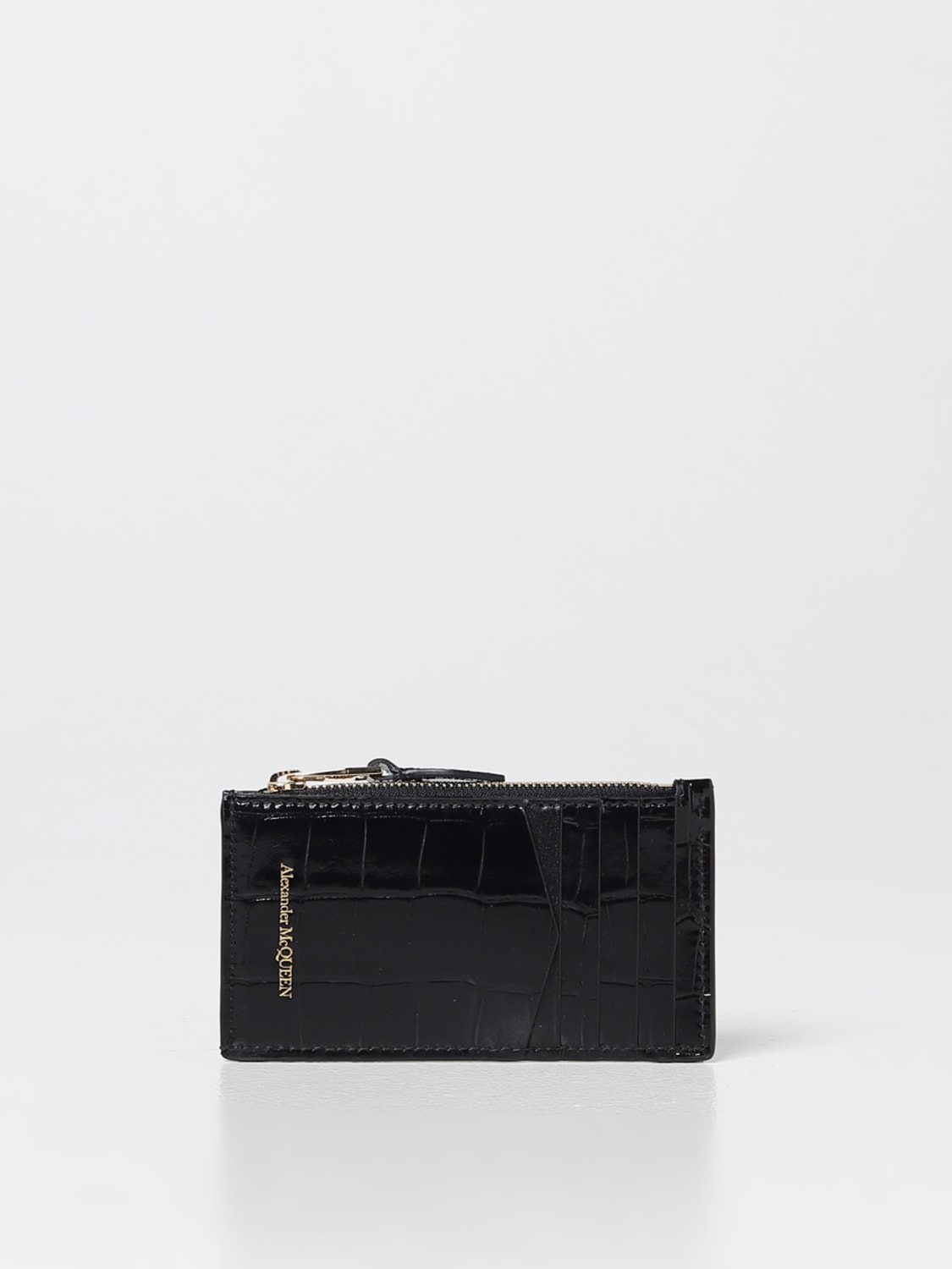 ALEXANDER MCQUEEN: card holder in shiny leather - Black | Alexander ...