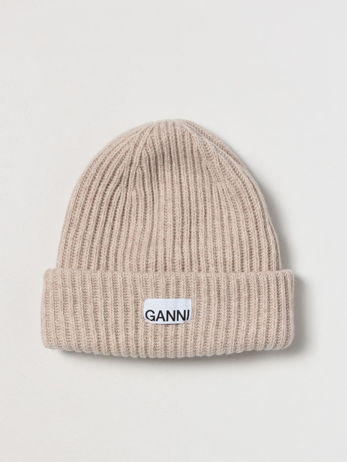 GANNI CAPPELLO: Cappello Ganni in misto lana riciclata a coste , Sabbia - Img 1