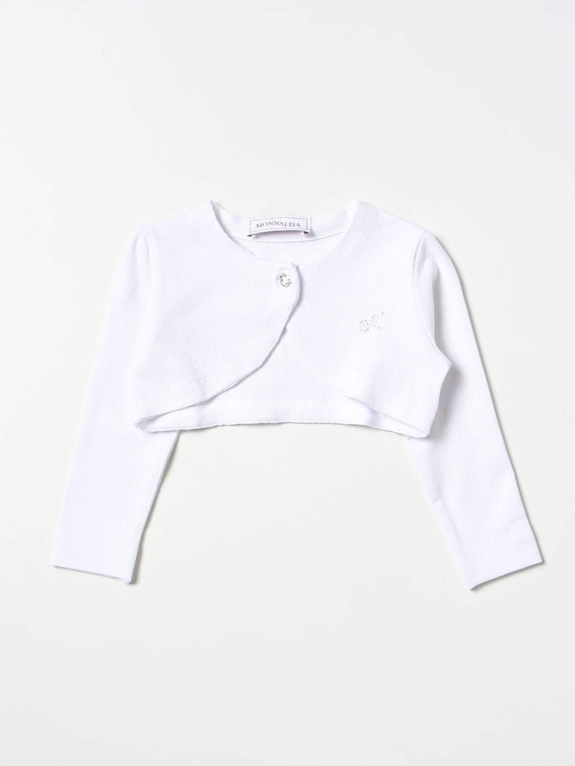 MONNALISA MAGLIA: Cardigan cropped Monnalisa con logo di strass, Bianco - Img 1