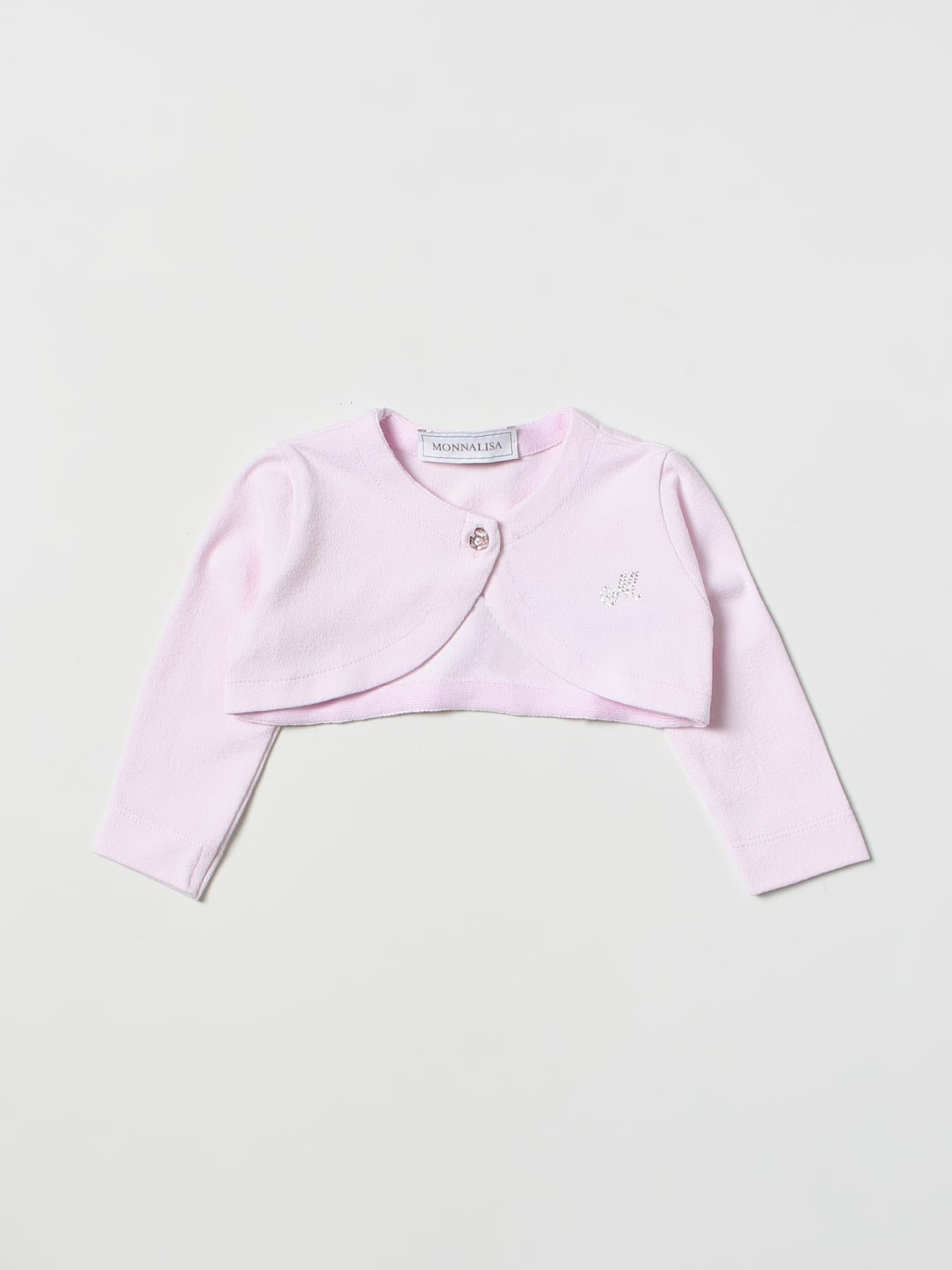 MONNALISA MAGLIA: Cardigan cropped Monnalisa con logo di strass, Rosa - Img 1