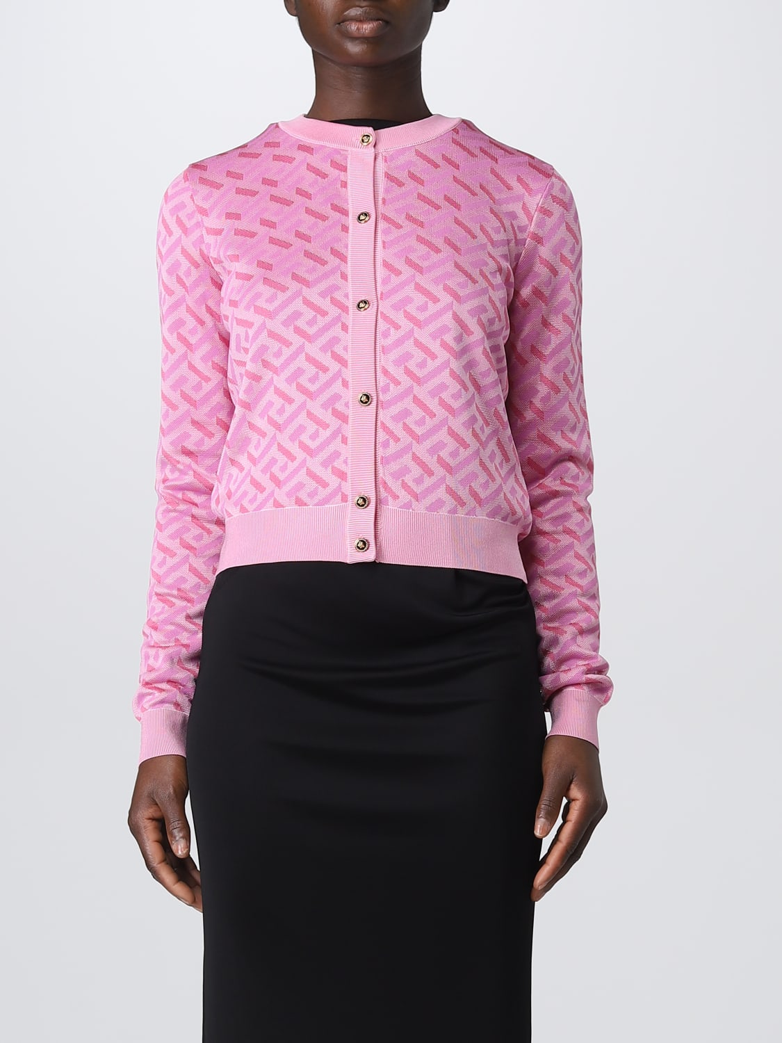 VERSACE CARDIGAN: La Greca Versace cardigan in viscose and silk blend, Pink - Img 1