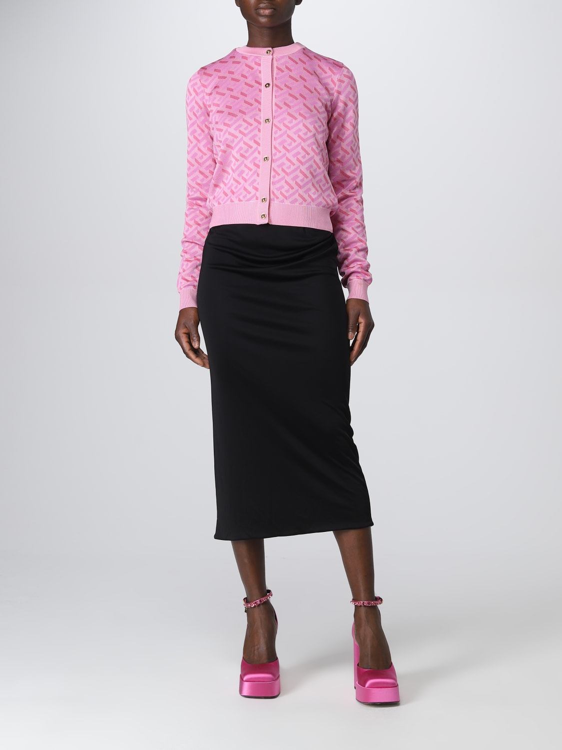 VERSACE CARDIGAN: La Greca Versace cardigan in viscose and silk blend, Pink - Img 2