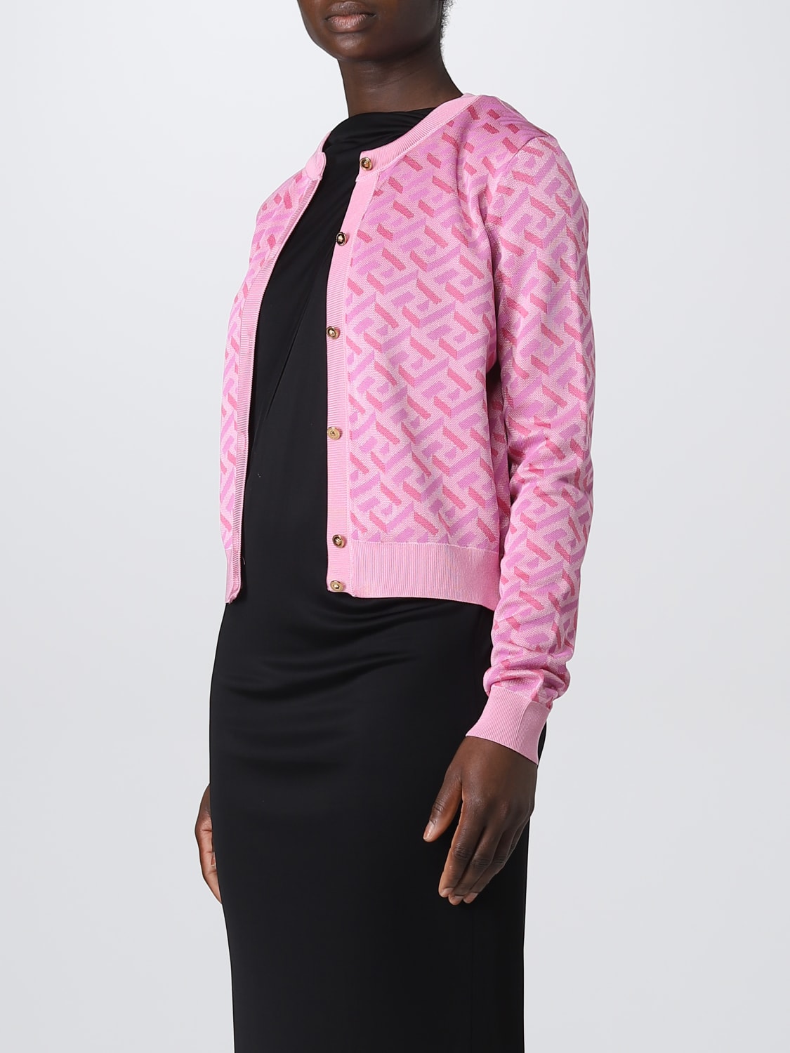 Versace La Greca Cardigan In Viscose And Silk Blend Pink Versace Cardigan 10090391a05143 0394