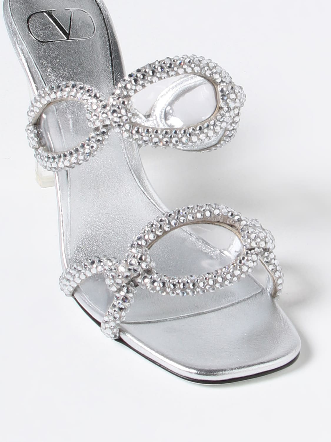 VALENTINO GARAVANI HEELED SANDALS: Valentino Garavani sandals in satin with all-over rhinestone crystals, Silver - Img 4