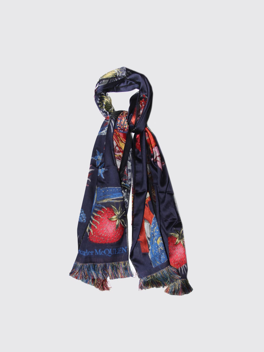 マフラー・ストール ALEXANDER MCQUEEN NAVY SILK BLEND BOSCH SCARF Alexander Mcqueen Navy Silk Blend Bosch Scarf In Navy/red