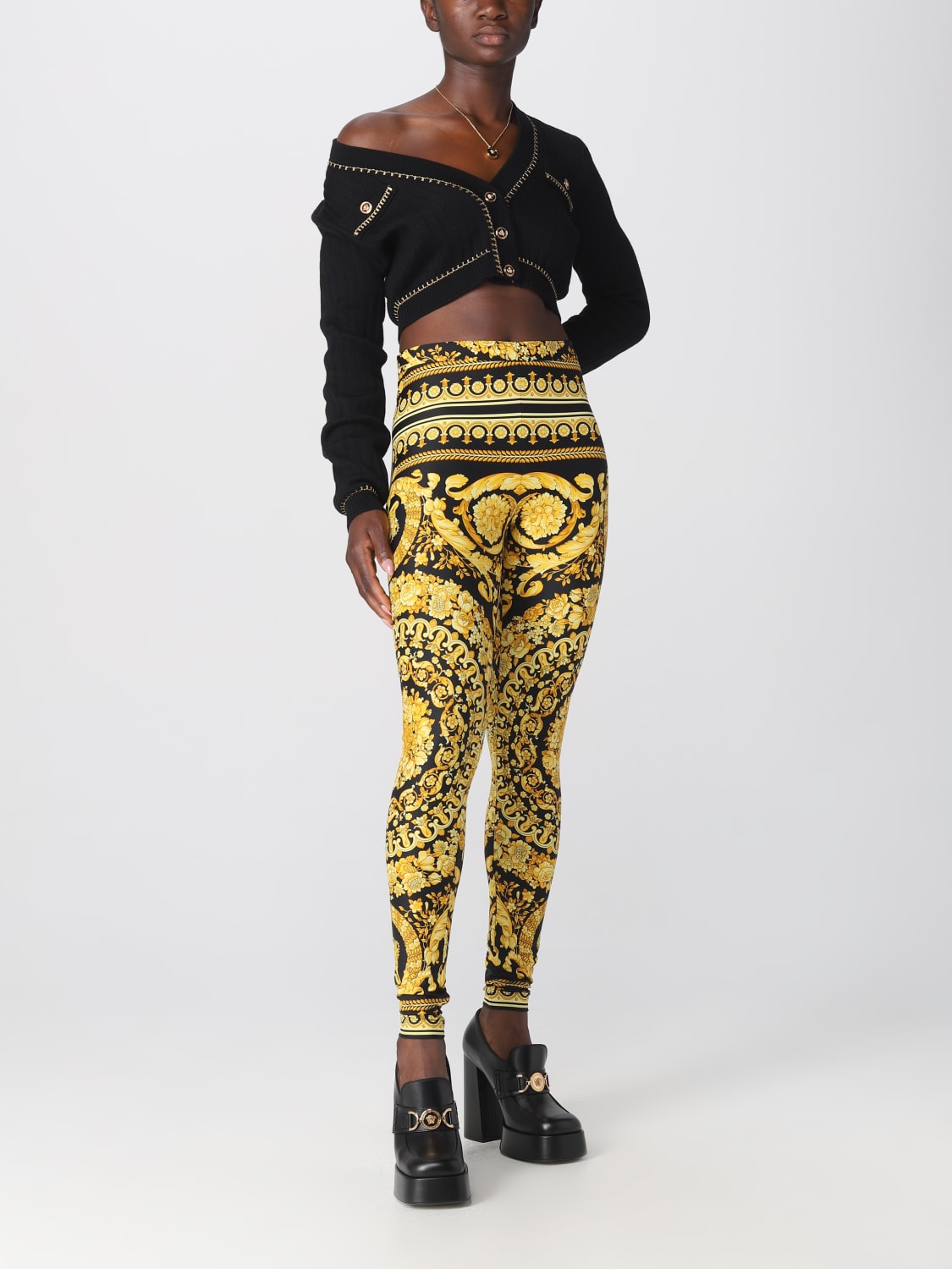 VERSACE PANTS: Versace Barocco pants in stretch fabric, Gold - Img 2