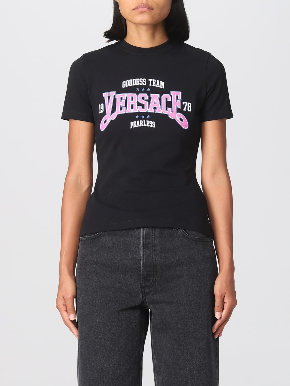 VERSACE T-SHIRT: T-shirt Versace in cotone con logo, Nero - Img 1