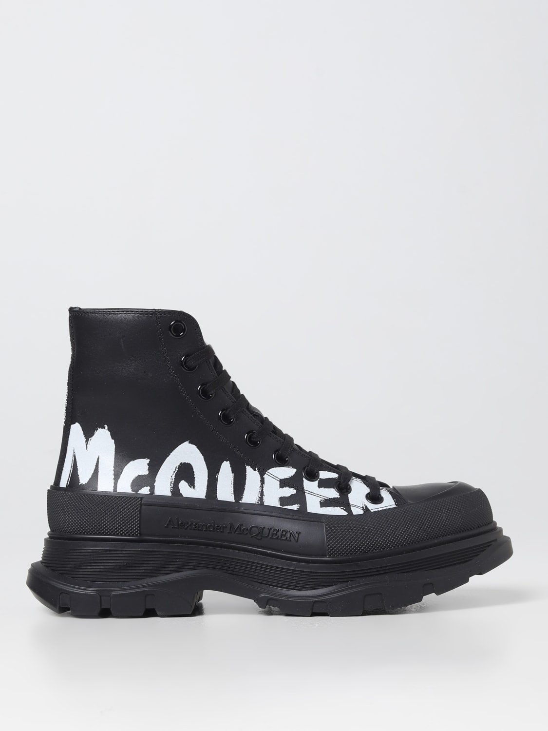 MCQUEEN: Tread Slick leather boots with printed logo - Black MCQUEEN: Tread Slick leather boots with printed logo - Black