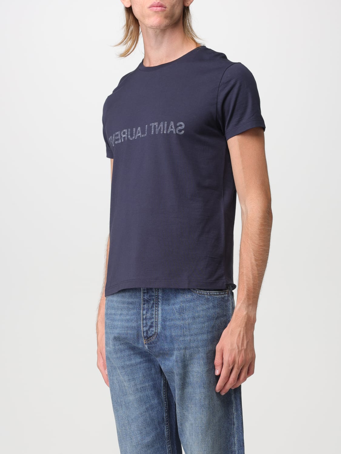 SAINT LAURENT T-SHIRT: Saint Laurent Reverse cotton t-shirt, Marine - Img 4