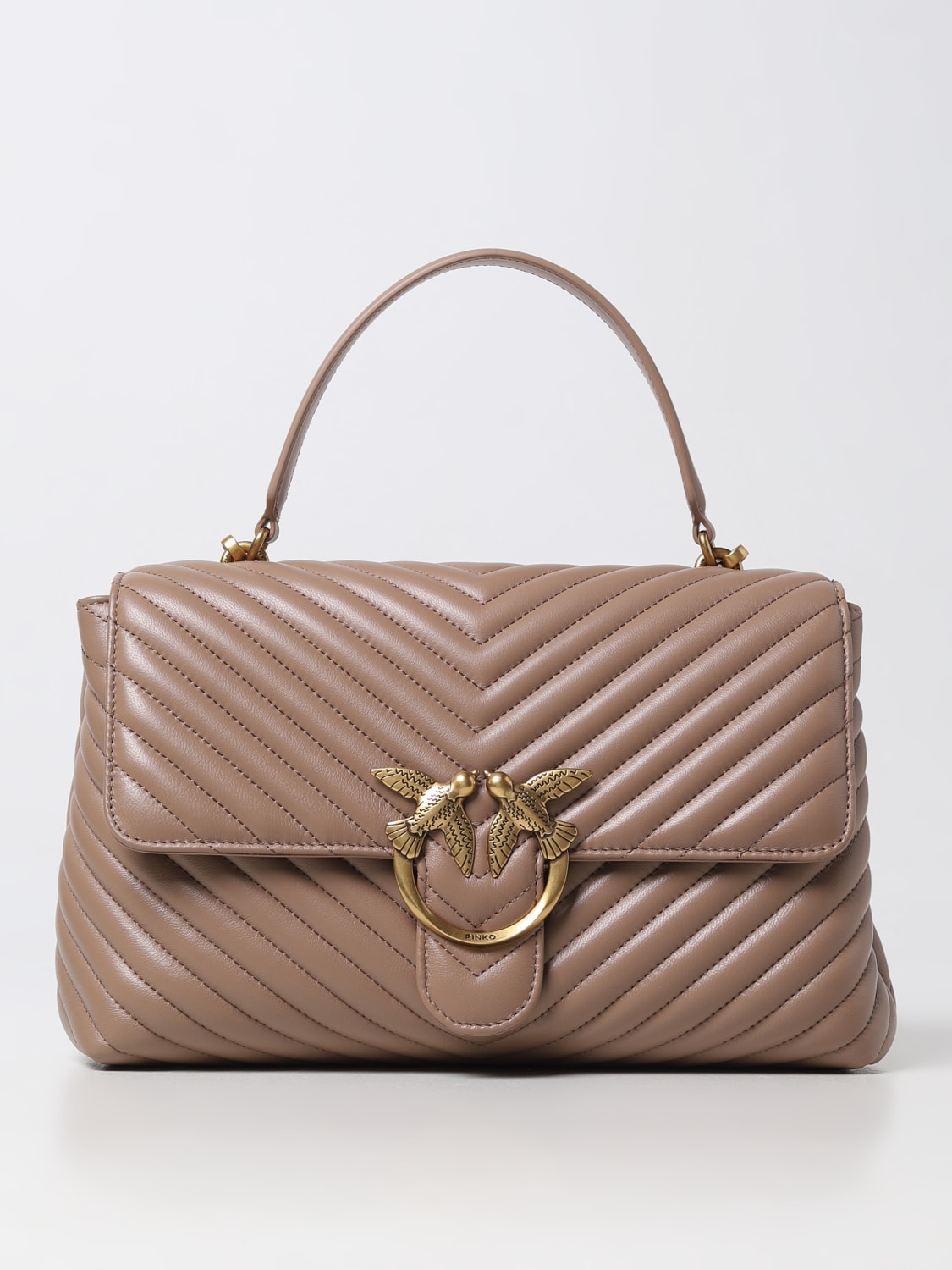 PINKO HANDBAG: Pinko Love Lady bag in chevron nappa leather with logo, Beige - Img 1