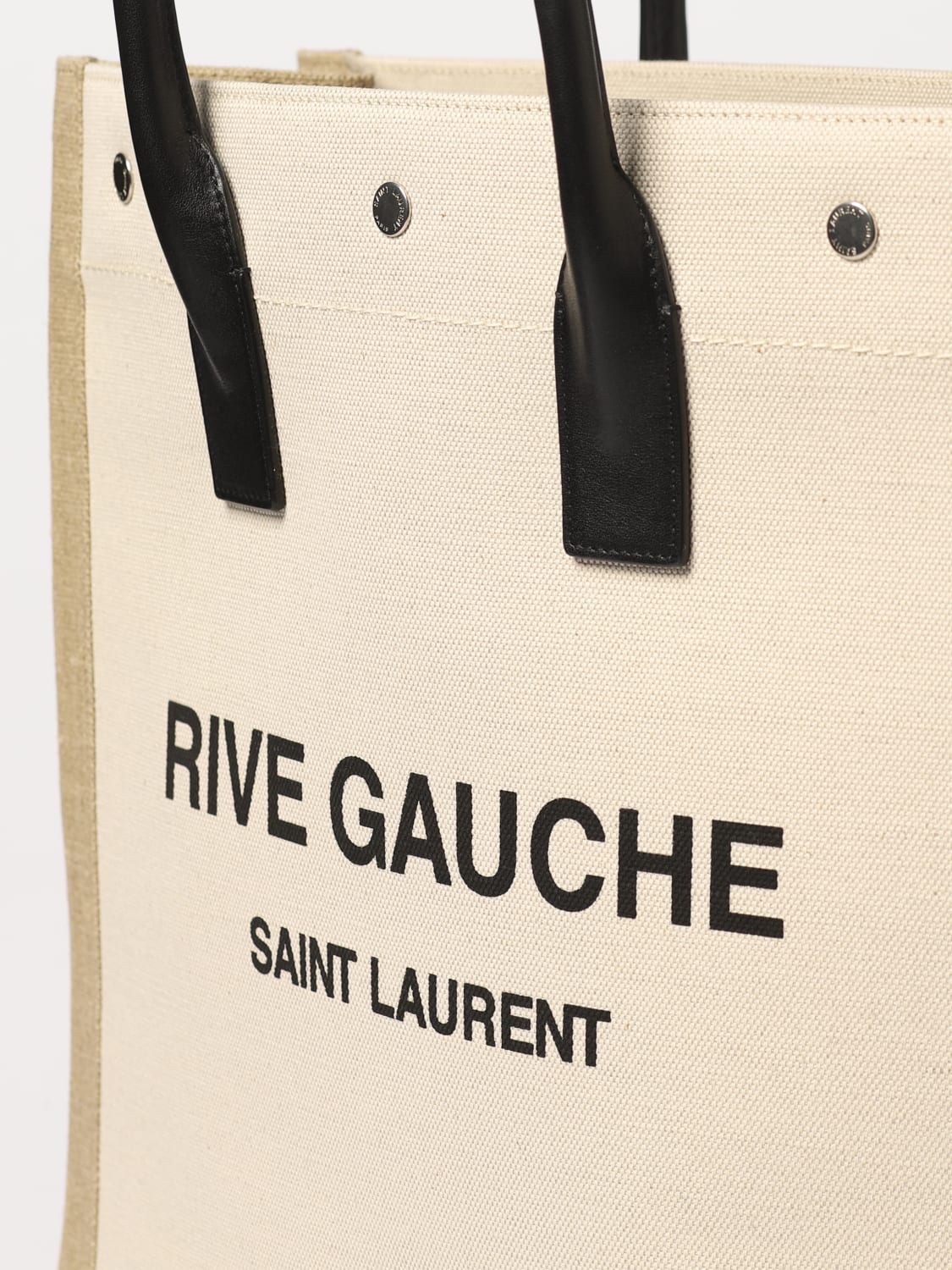 SAINT LAURENT SHOULDER BAG: Saint Laurent Rive Gauche bag in canvas and leather with printed logo, Beige - Img 3