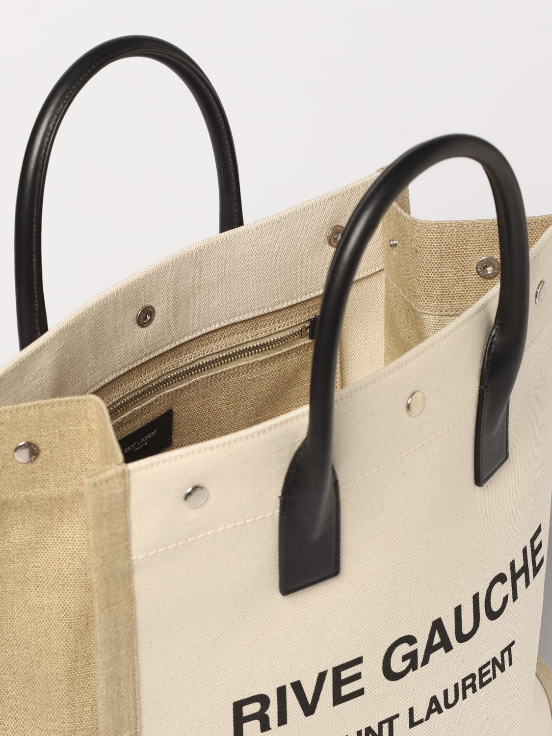 SAINT LAURENT SHOULDER BAG: Saint Laurent Rive Gauche bag in canvas and leather with printed logo, Beige - Img 4