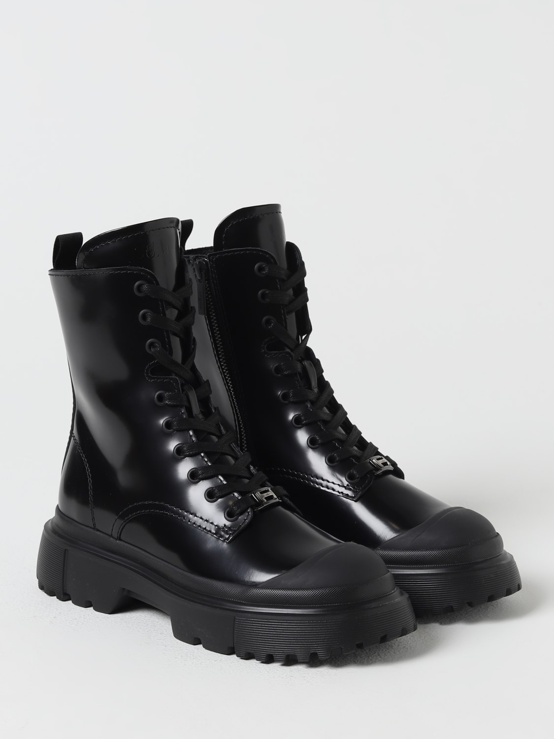 HOGAN FLAT ANKLE BOOTS: Hogan H619 combat boots in brushed leather, Black - Img 2