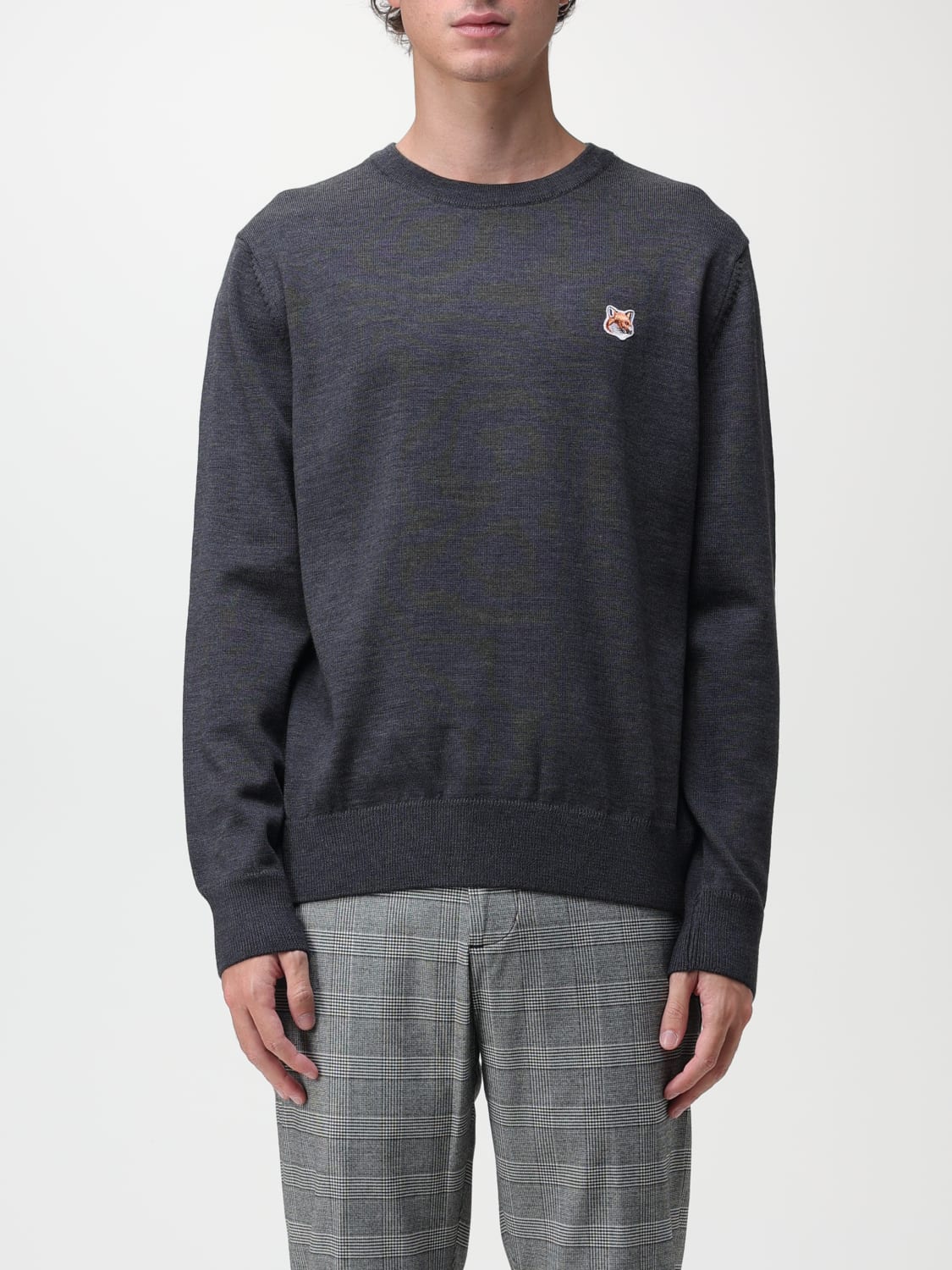 MAISON KITSUNÉ SWEATER: Maison Kitsuné wool sweater with patch, Charcoal - Img 1