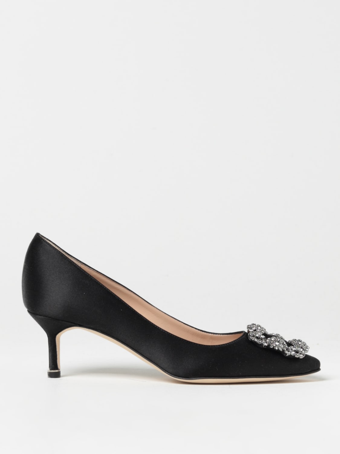 MANOLO BLAHNIK: Hangisi pumps in satin with jewel buckle - Black ...