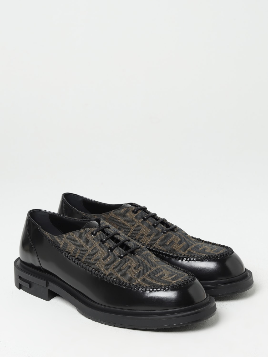 FENDI BROGUE SHOES: Fendi jacquard fabric and leather derby shoes, Black - Img 2