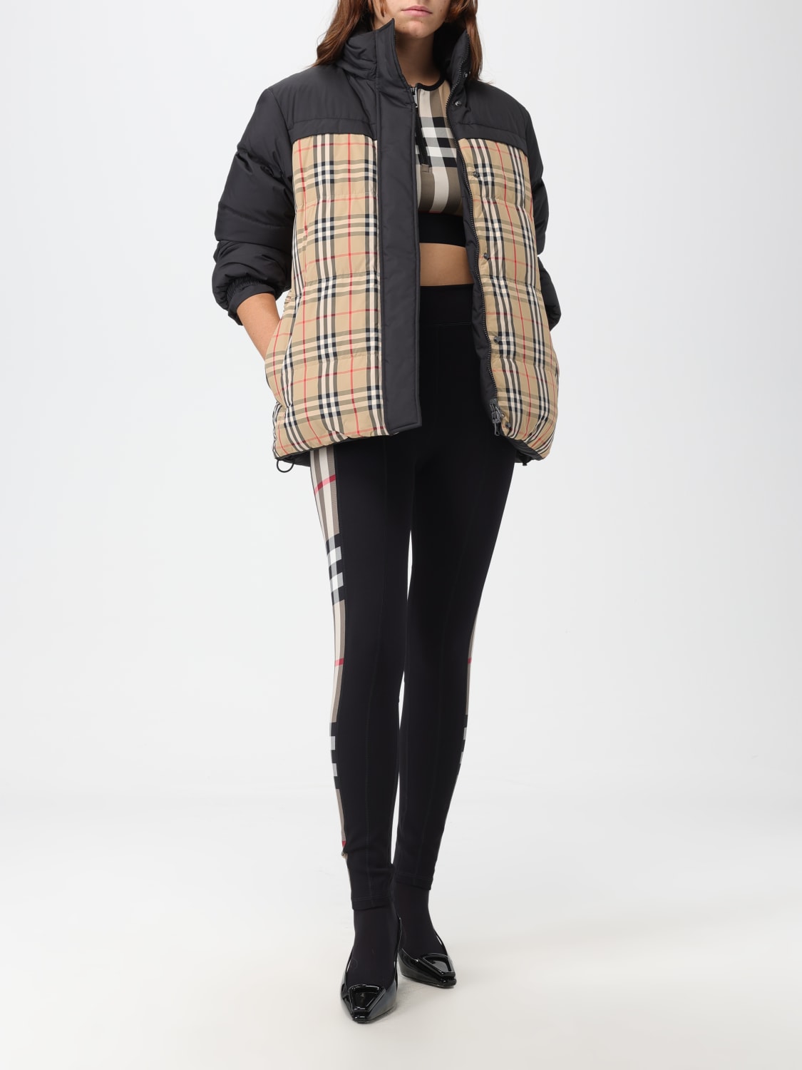 BURBERRY PANTS: Burberry leggings in stretch jersey with Check inserts, Black - Img 2