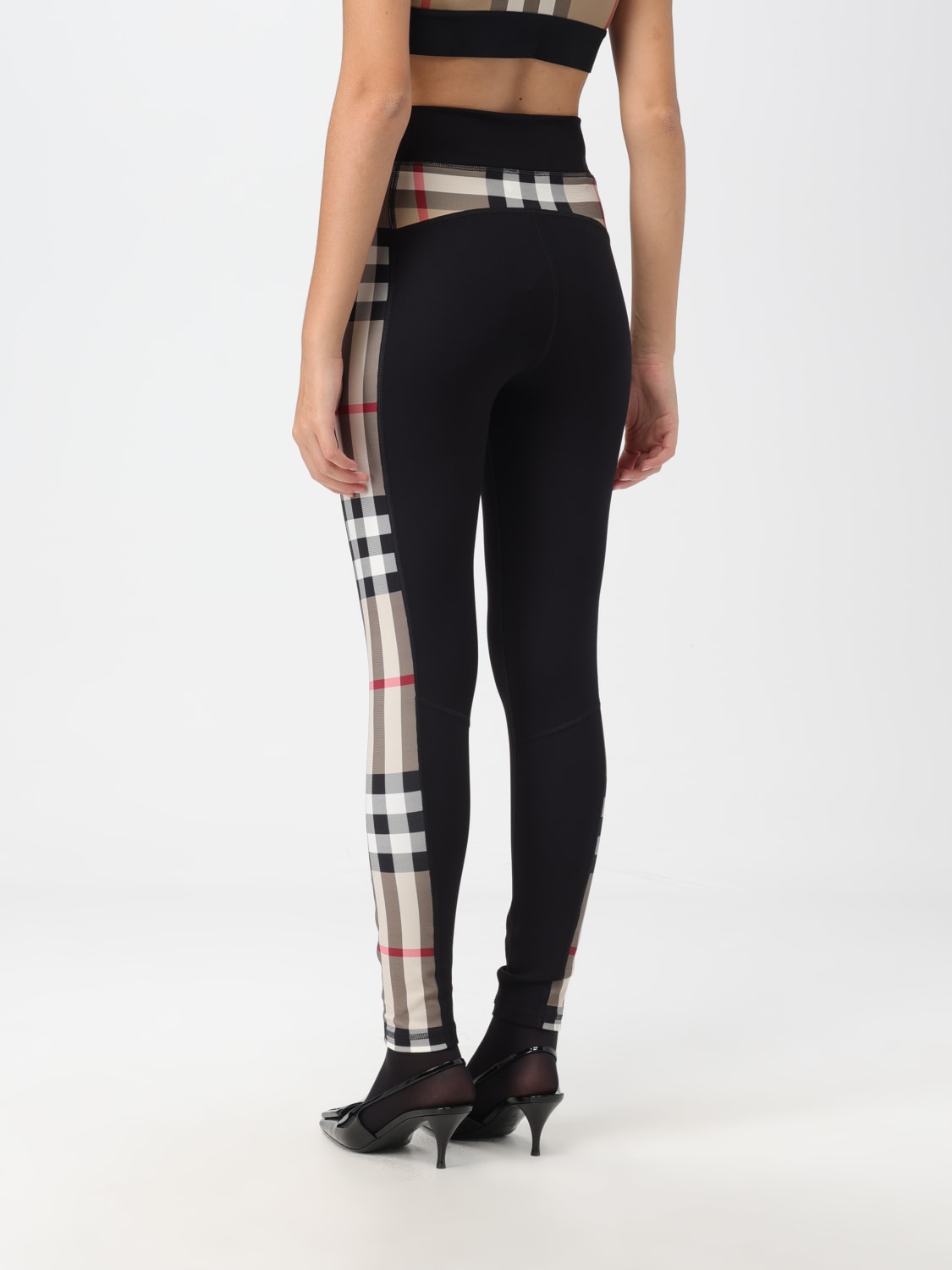 BURBERRY PANTS: Burberry leggings in stretch jersey with Check inserts, Black - Img 3