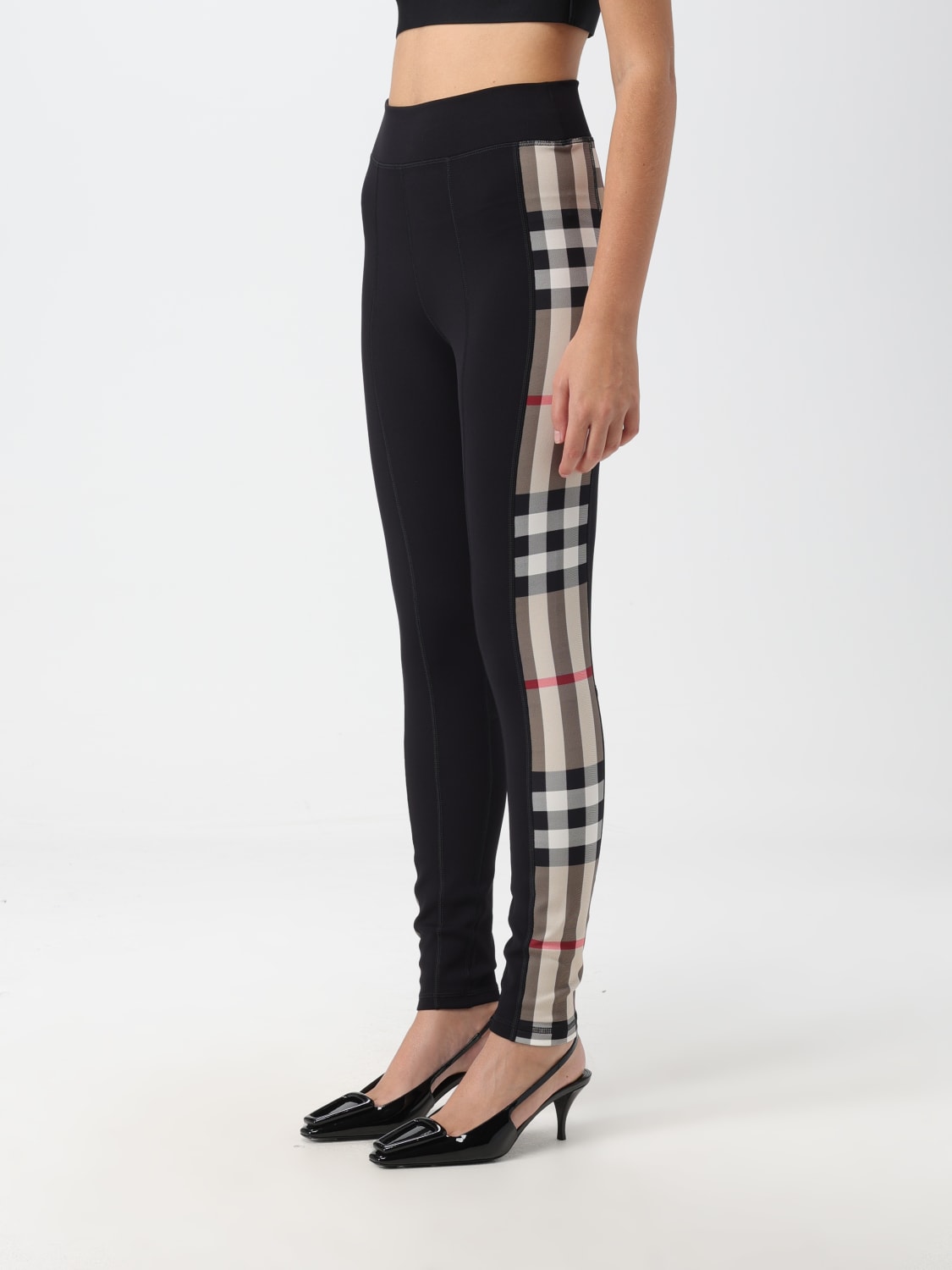 BURBERRY PANTS: Burberry leggings in stretch jersey with Check inserts, Black - Img 4