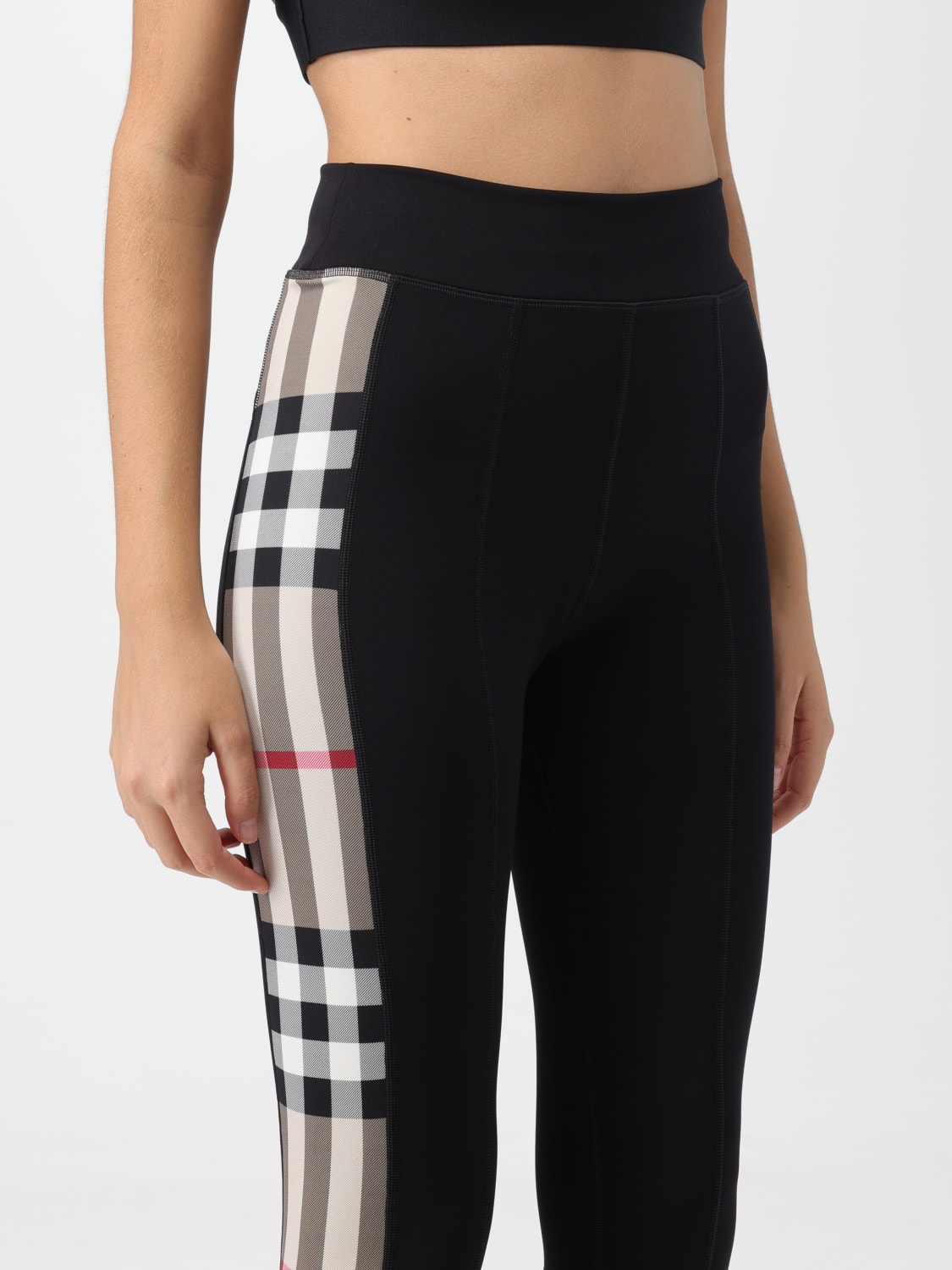 BURBERRY PANTS: Burberry leggings in stretch jersey with Check inserts, Black - Img 5