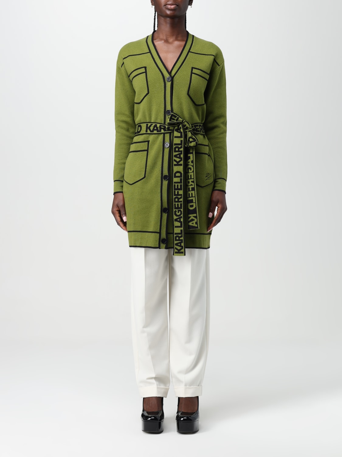 KARL LAGERFELD CARDIGAN: Cardigan Karl Lagerfeld in cotone e lana, Verde - Img 1