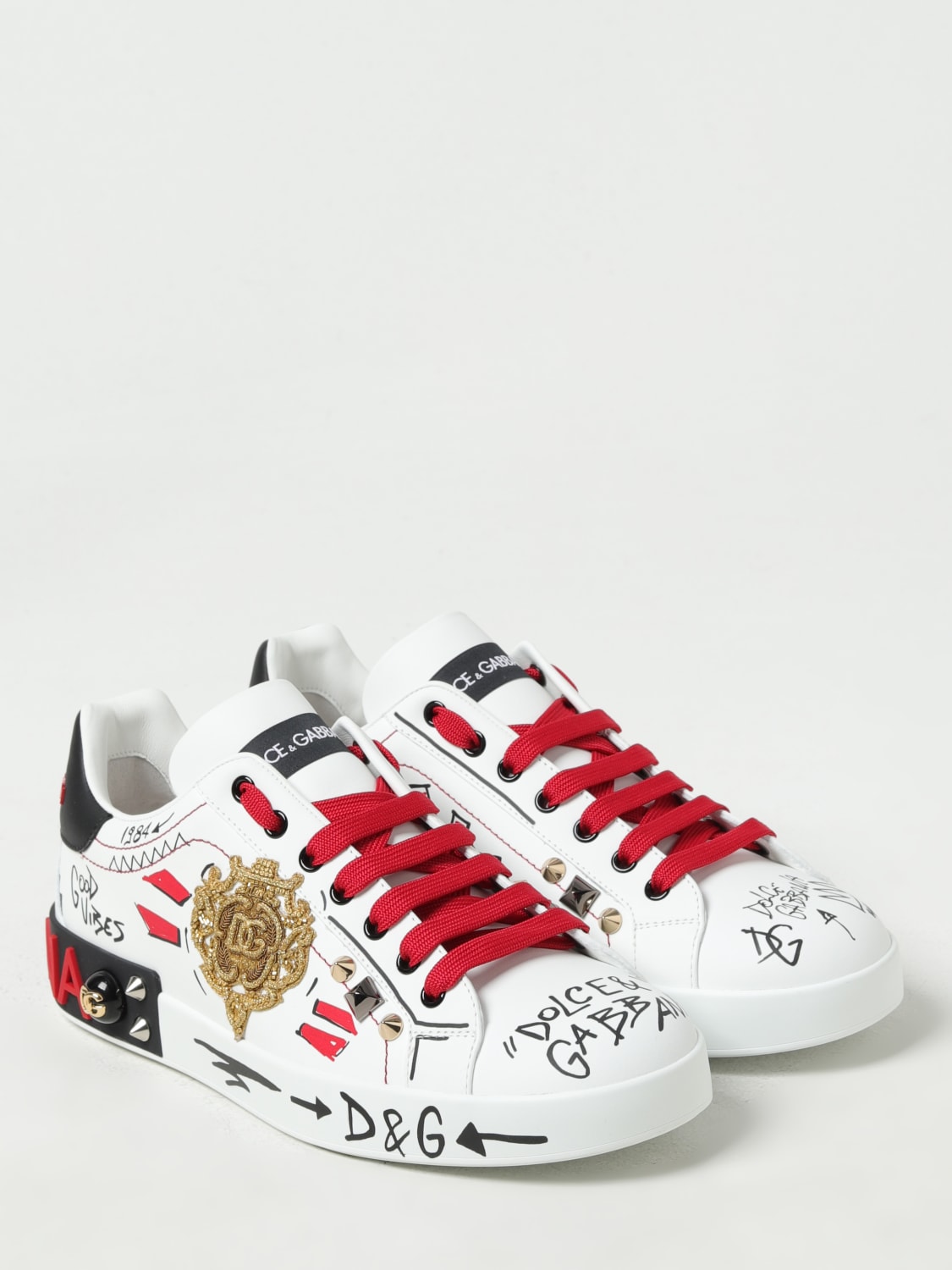 DOLCE & GABBANA: leather sneakers with logo - White | Dolce 