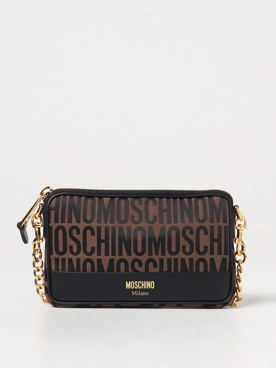 MOSCHINO COUTURE BORSA MINI: Borsa Moschino Couture in tessuto jacquard con tracolla, Marrone - Img 1