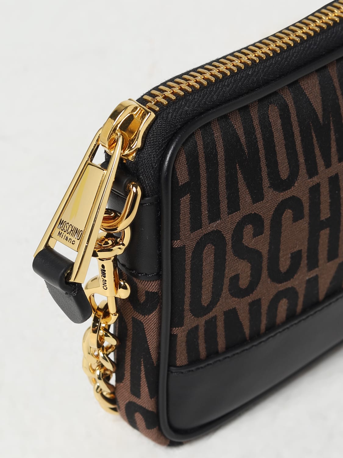 MOSCHINO COUTURE BORSA MINI: Borsa Moschino Couture in tessuto jacquard con tracolla, Marrone - Img 3