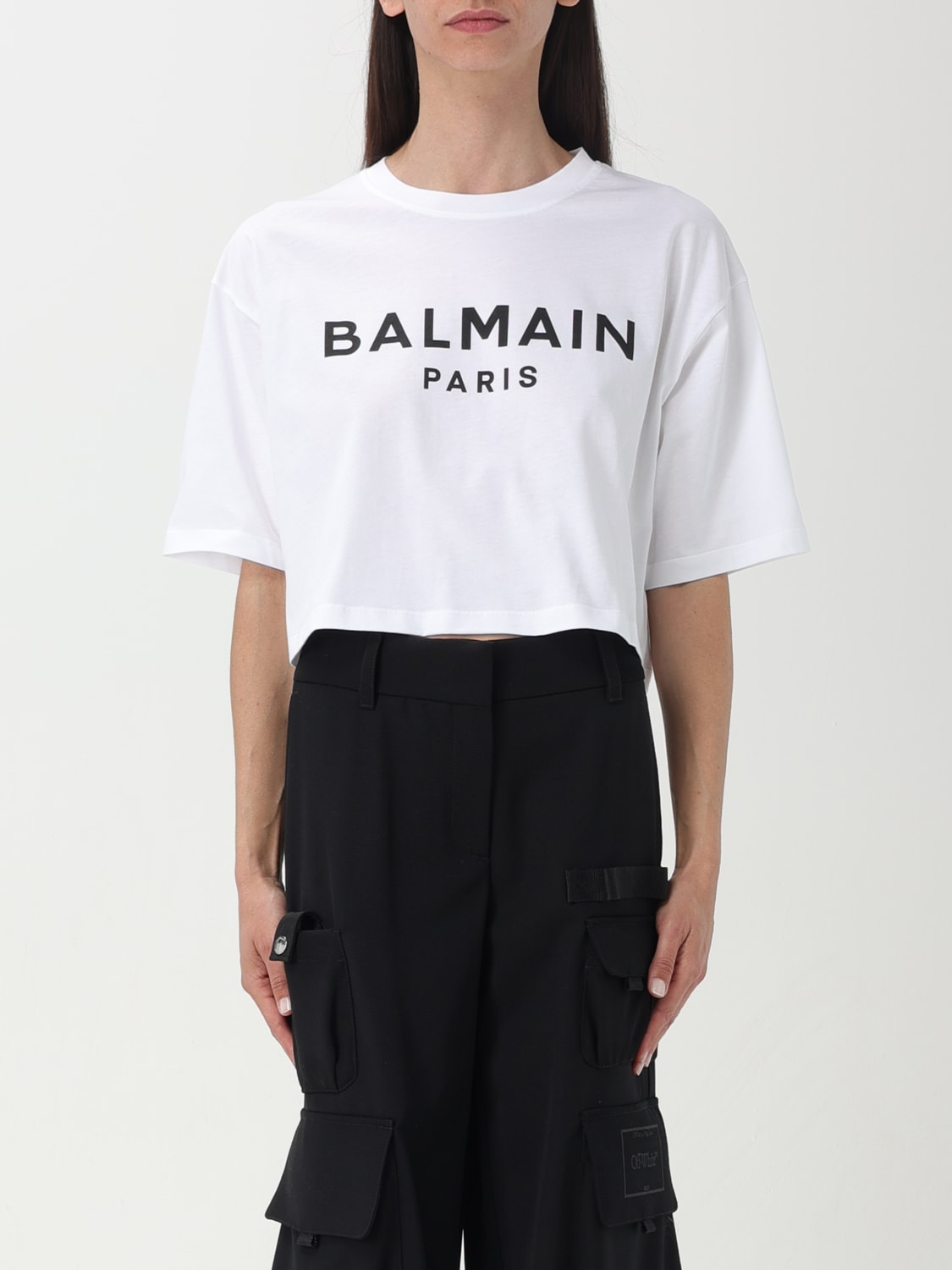 Tシャツ・カットソー BALMAIN Women Tops BF1EE020BB02GAB WHITE T-shirt with Balmain Paris print - Women | BALMAIN