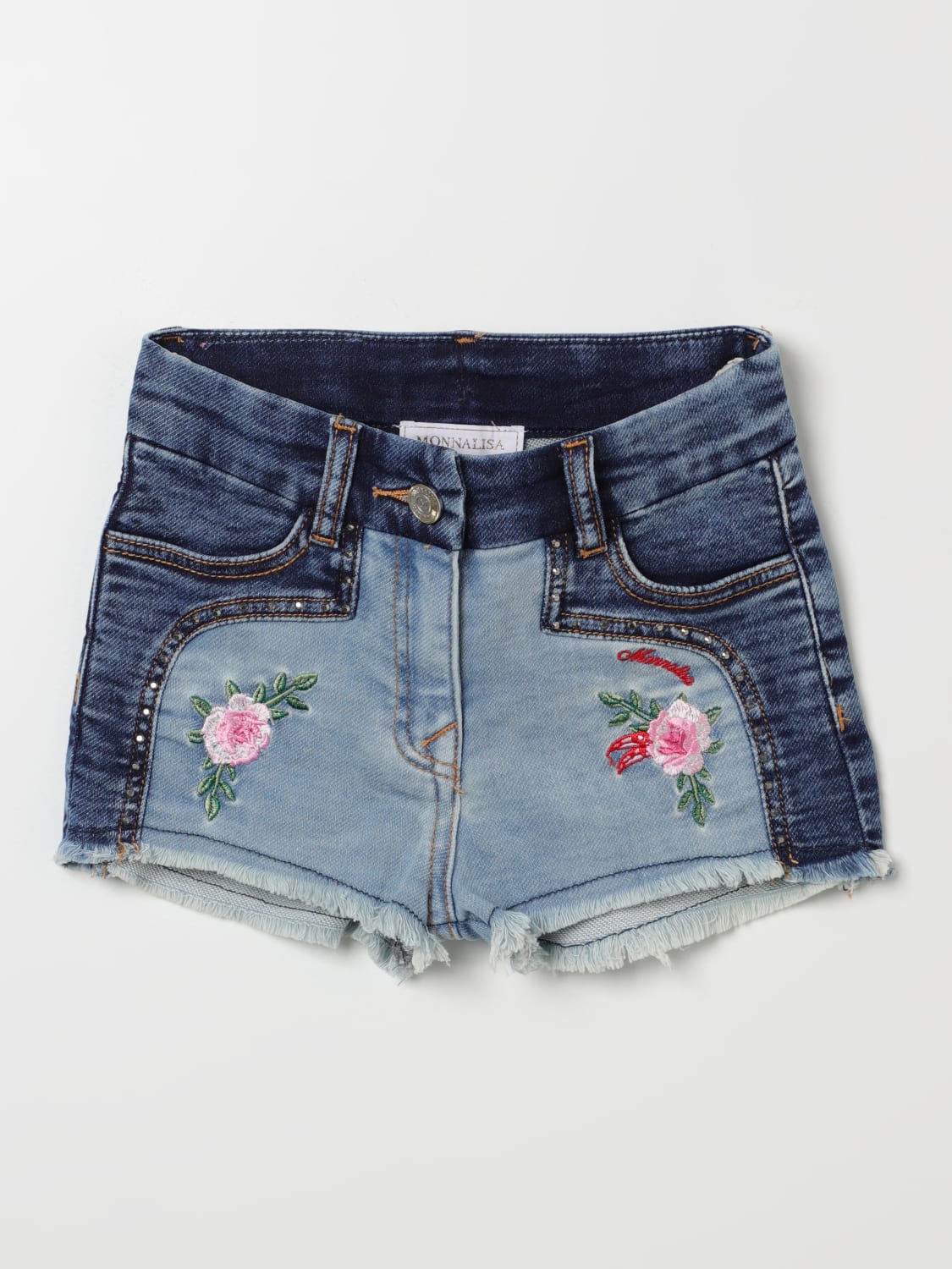 MONNALISA PANTALONCINO: Shorts Monnalisa in denim con rose ricamate , Blue - Img 1