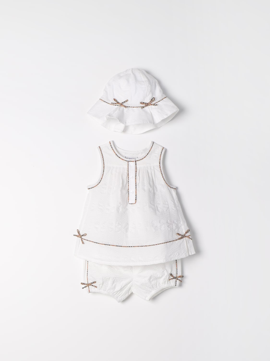 BURBERRY PACK: Burberry Kids baby tank top + shorts + hat set, White - Img 1