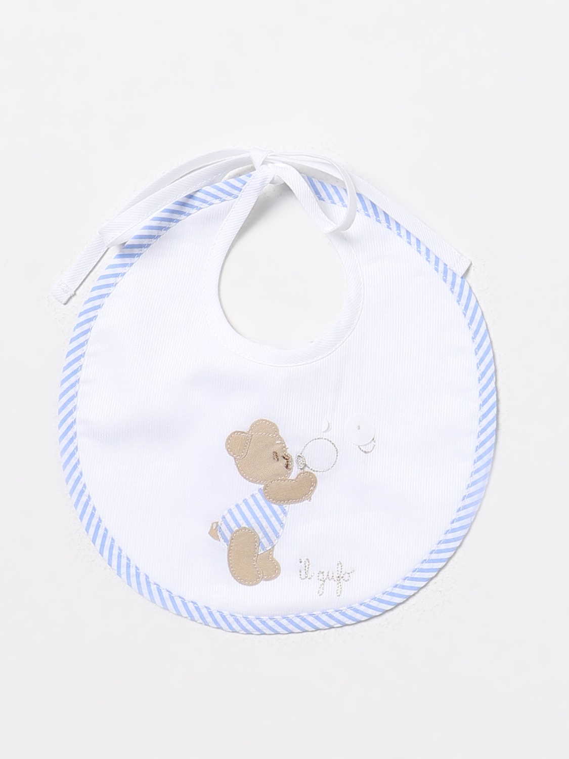 IL GUFO BIB: Il Gufo cotton bib with teddy bear, White - Img 1