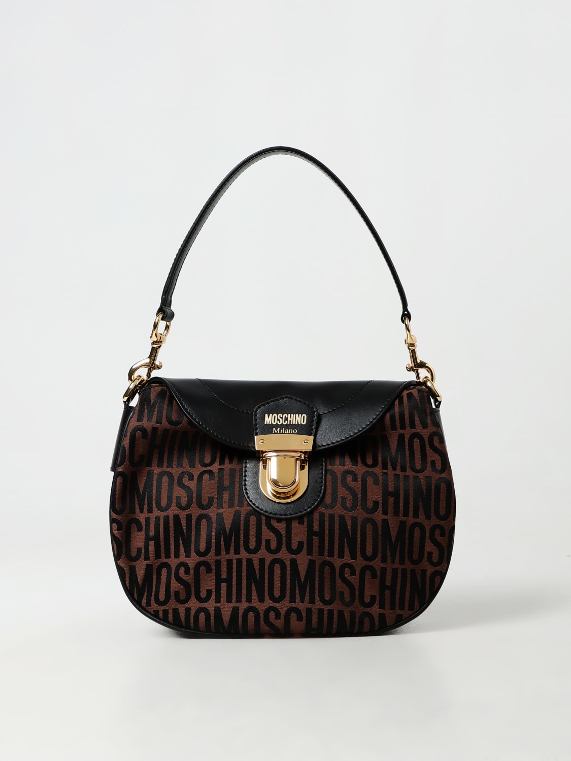 MOSCHINO COUTURE BORSA A SPALLA: Borsa Moschino Couture in tessuto jacquard e pelle , Marrone - Img 1