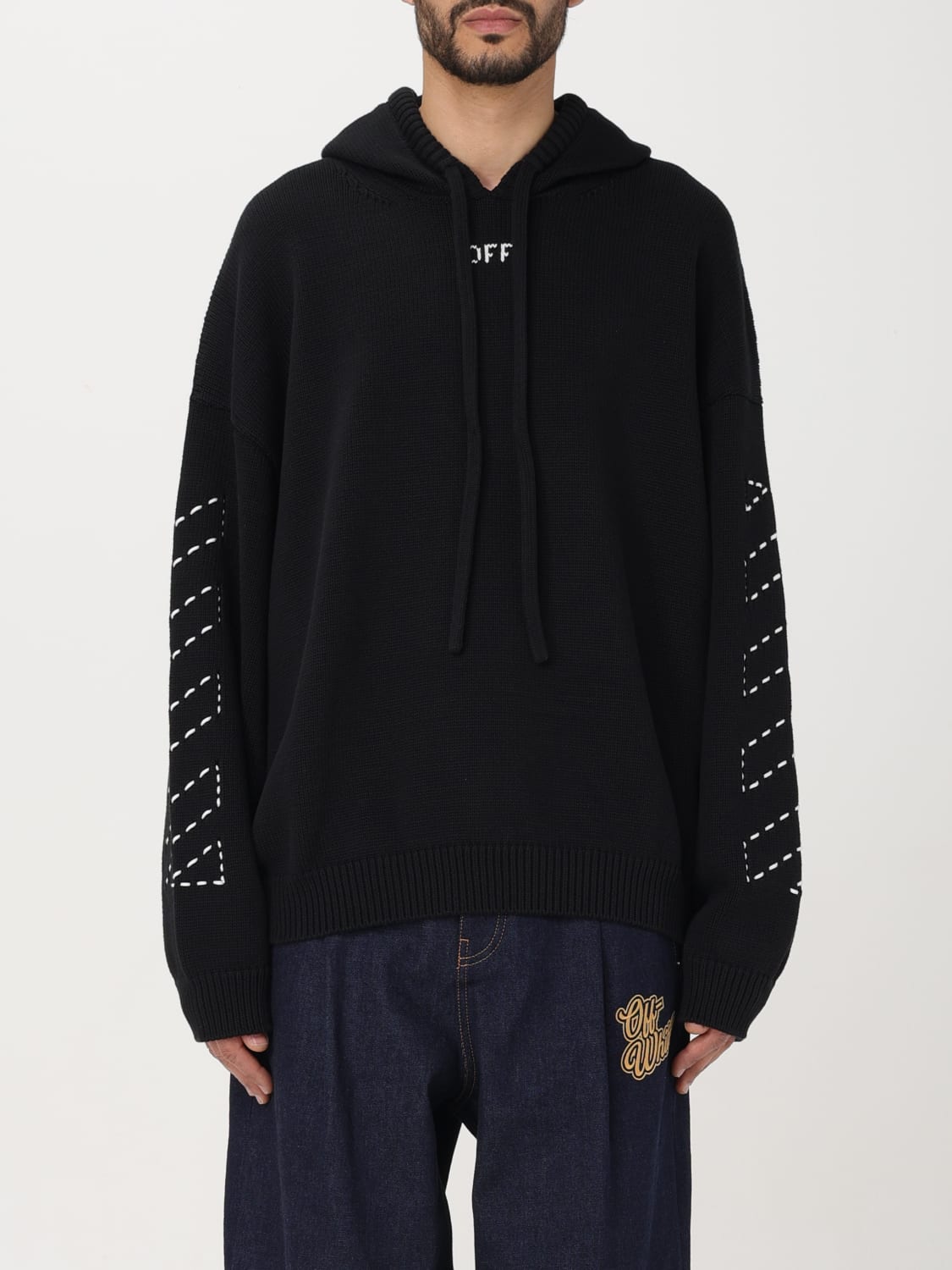 OFF-WHITE SWEATSHIRT: Off-white cotton blend hoodie with embroidered logo, White - Img 1