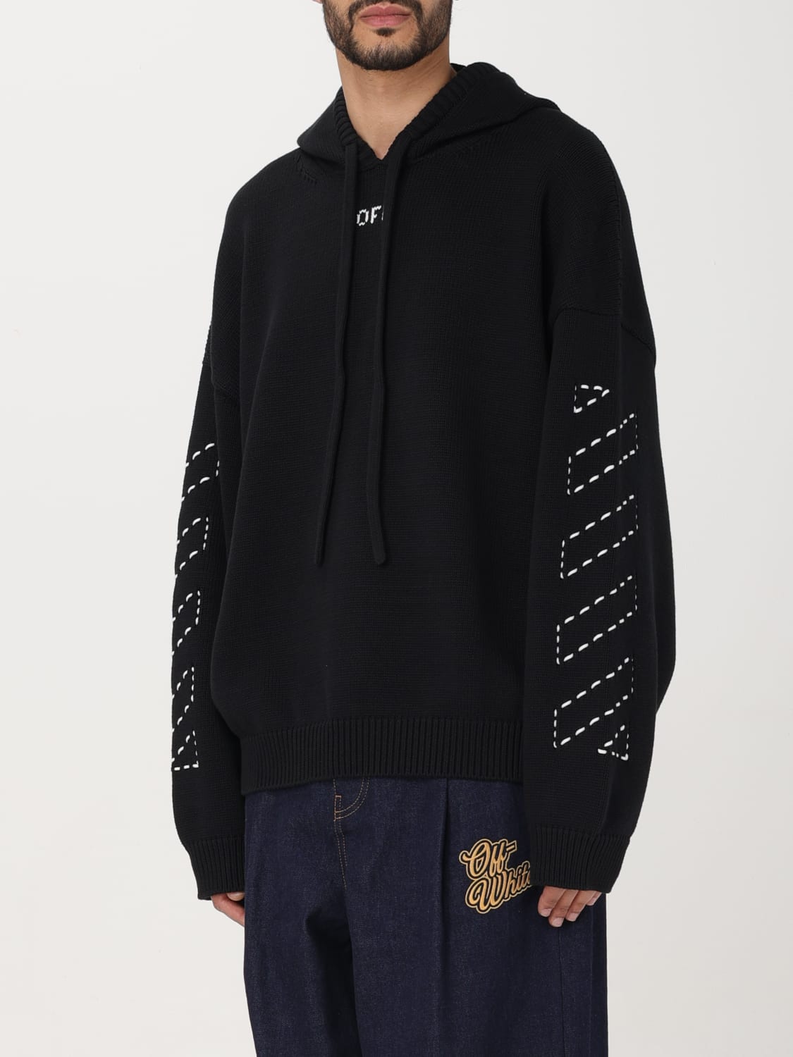 OFF-WHITE SWEATSHIRT: Off-white cotton blend hoodie with embroidered logo, White - Img 4