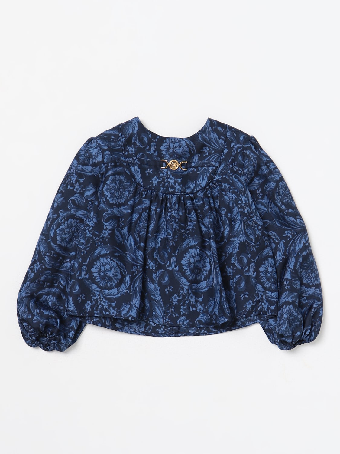 VERSACE TOP: Blusa Baroque Versace Young in seta stampata , Blue - Img 1