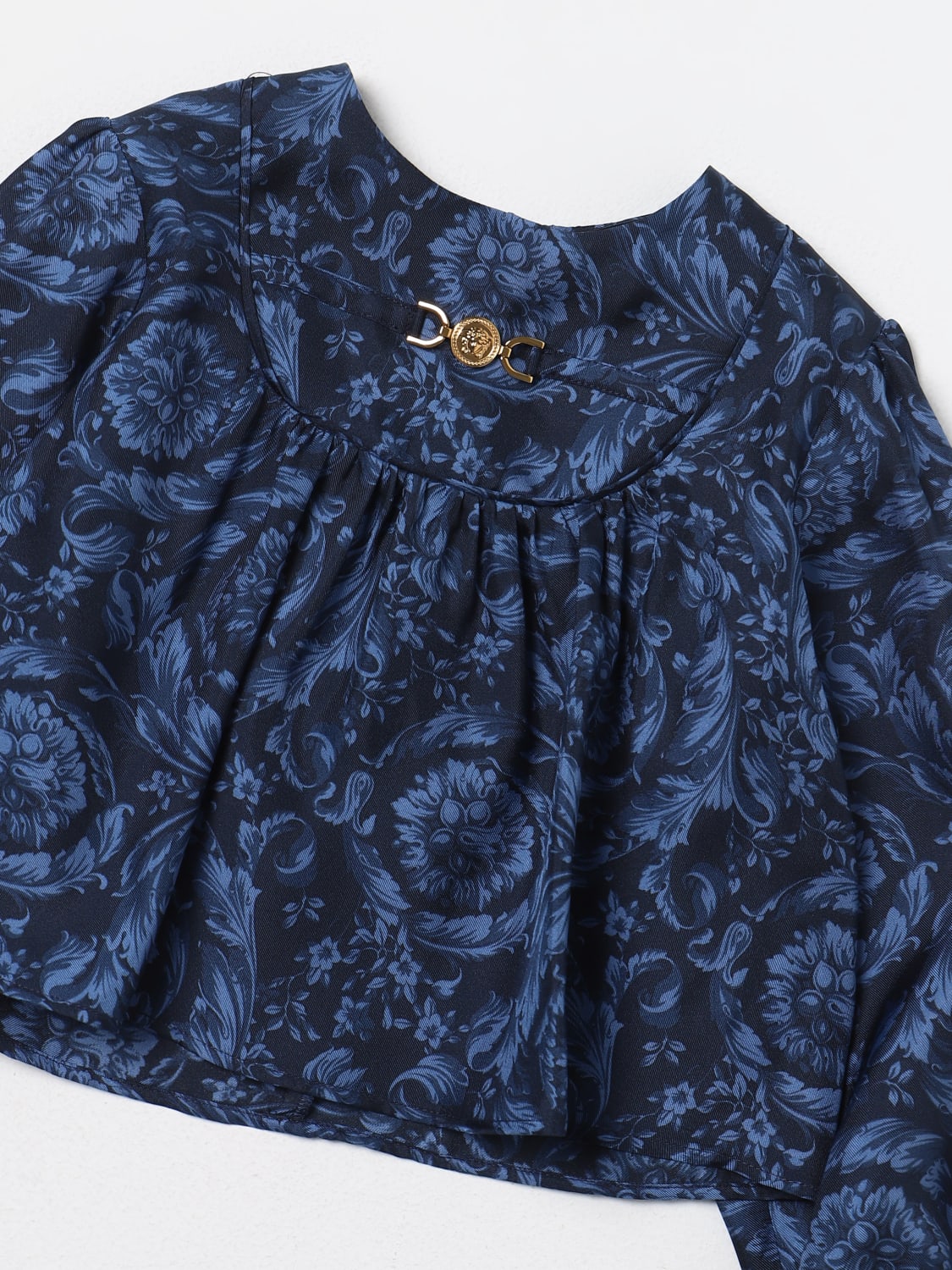 VERSACE TOP: Blusa Baroque Versace Young in seta stampata , Blue - Img 3