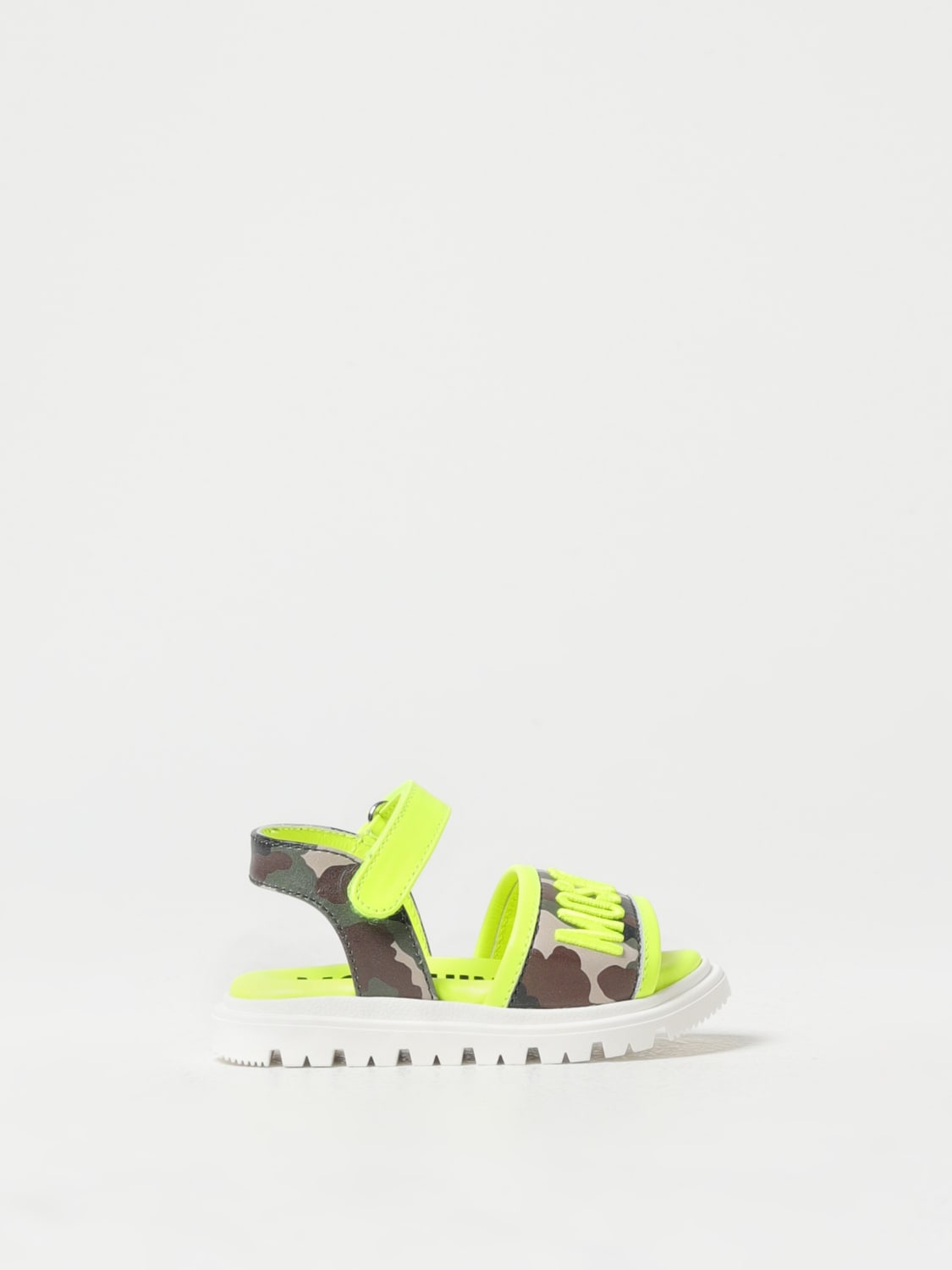 MOSCHINO SCARPE: Sandalo Moschino Baby in pelle stampa camouflage, Verde - Img 1