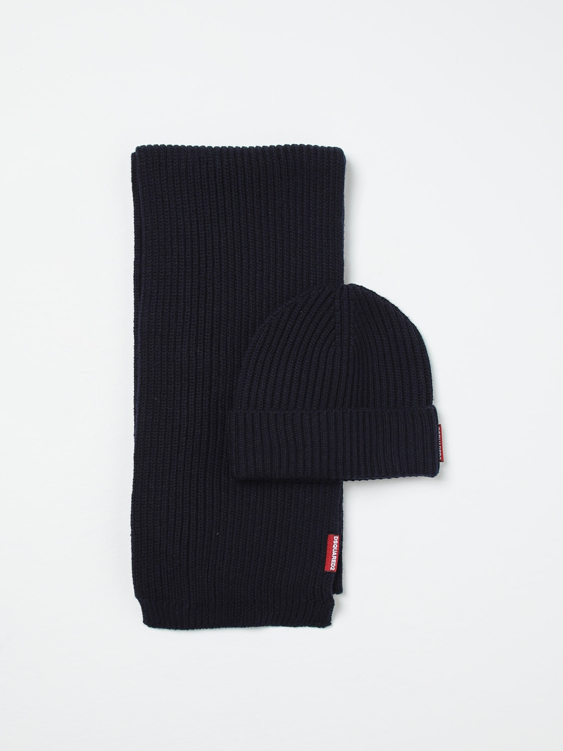 DSQUARED2 SET ACCESSORI: Set cappello + sciarpa Dsquared2 in lana a coste, Blue - Img 1