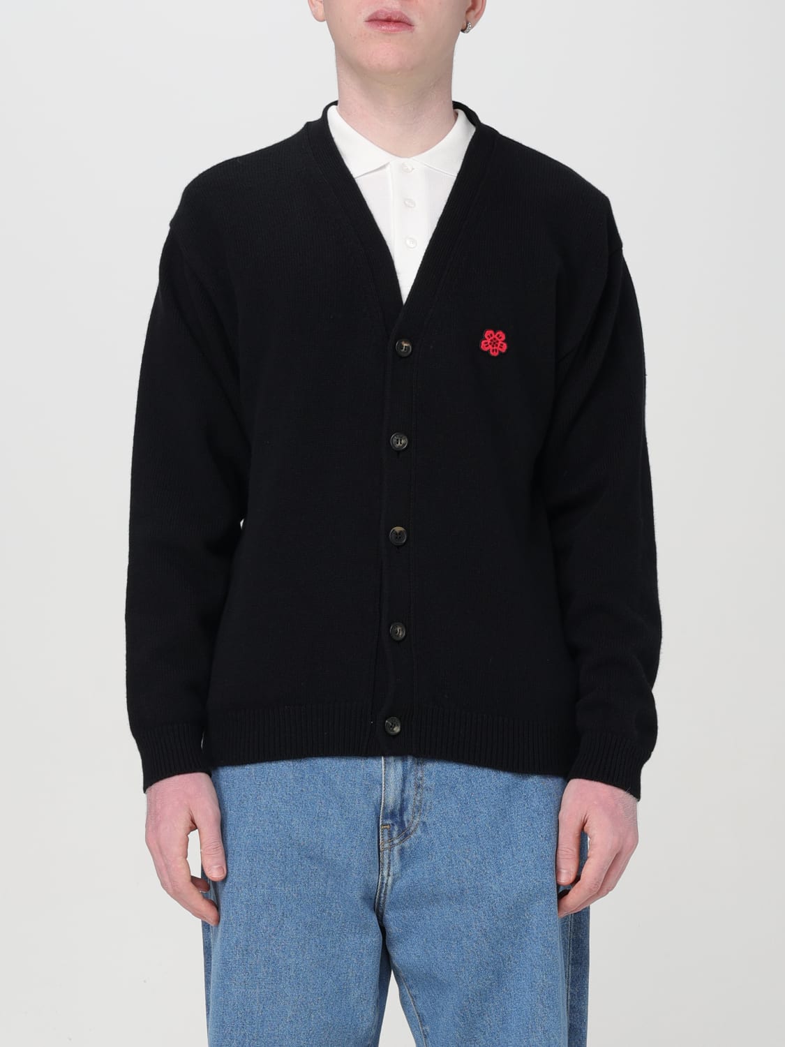 KENZO CARDIGAN: Cardigan a v Kenzo con logo Fiore, Nero - Img 1