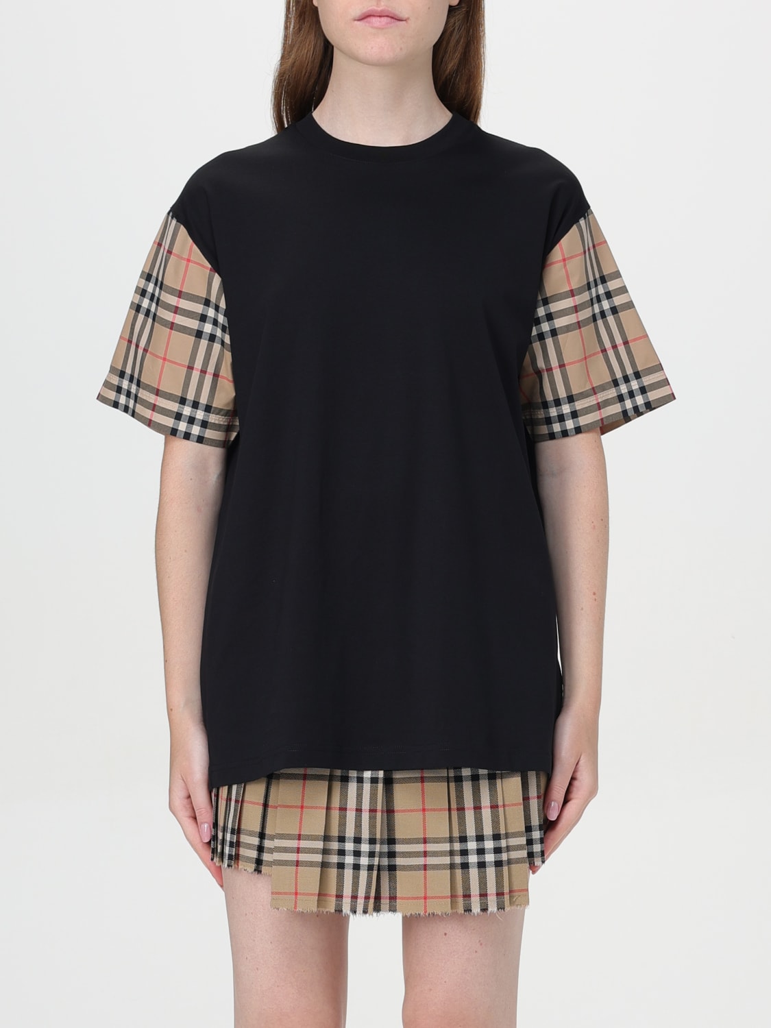 Giglio T-shirt di cotone con maniche check Burberry