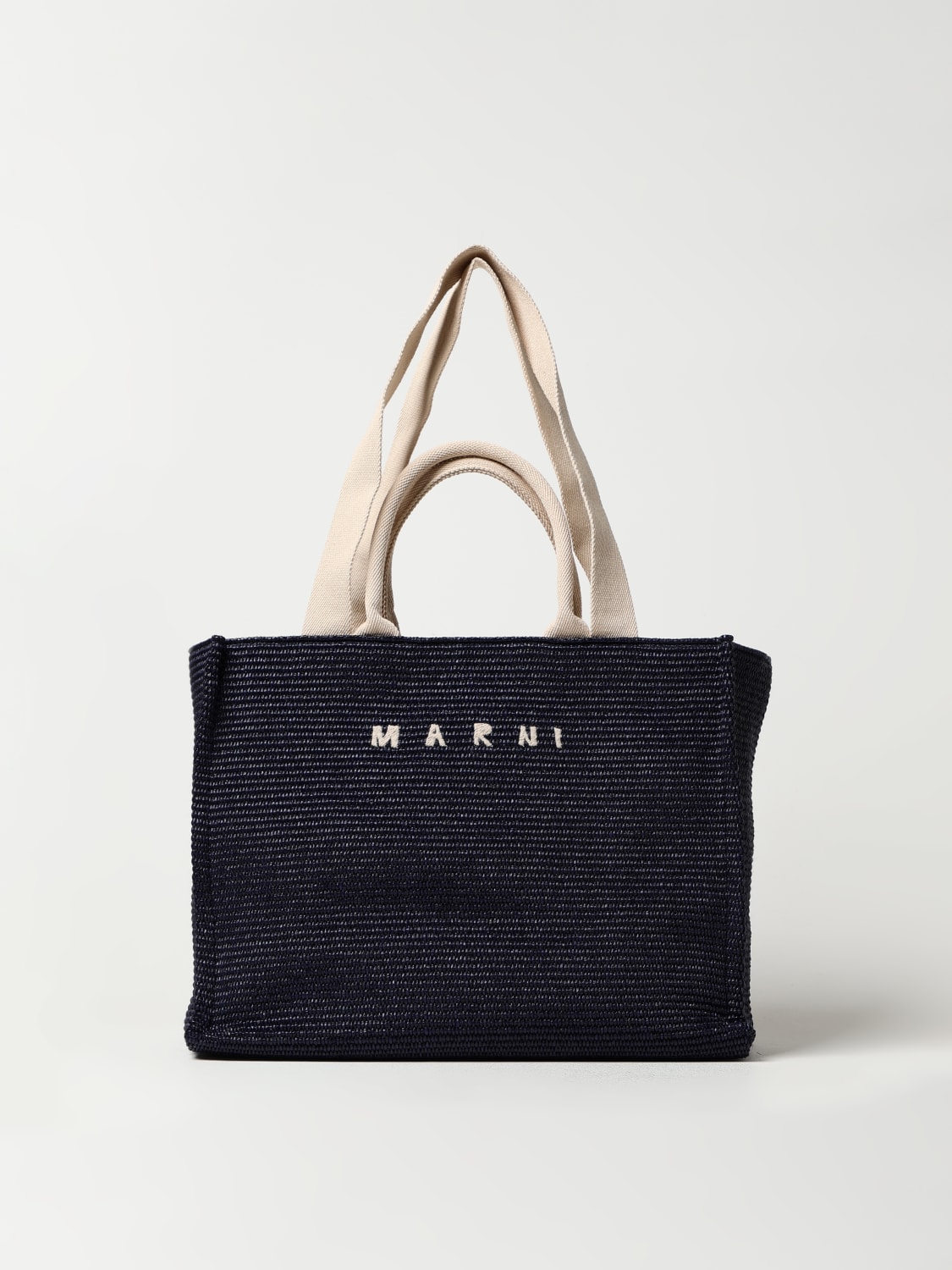 MARNI BORSA: Borsa Marni in rafia intrecciata con logo ricamato , Marine - Img 1