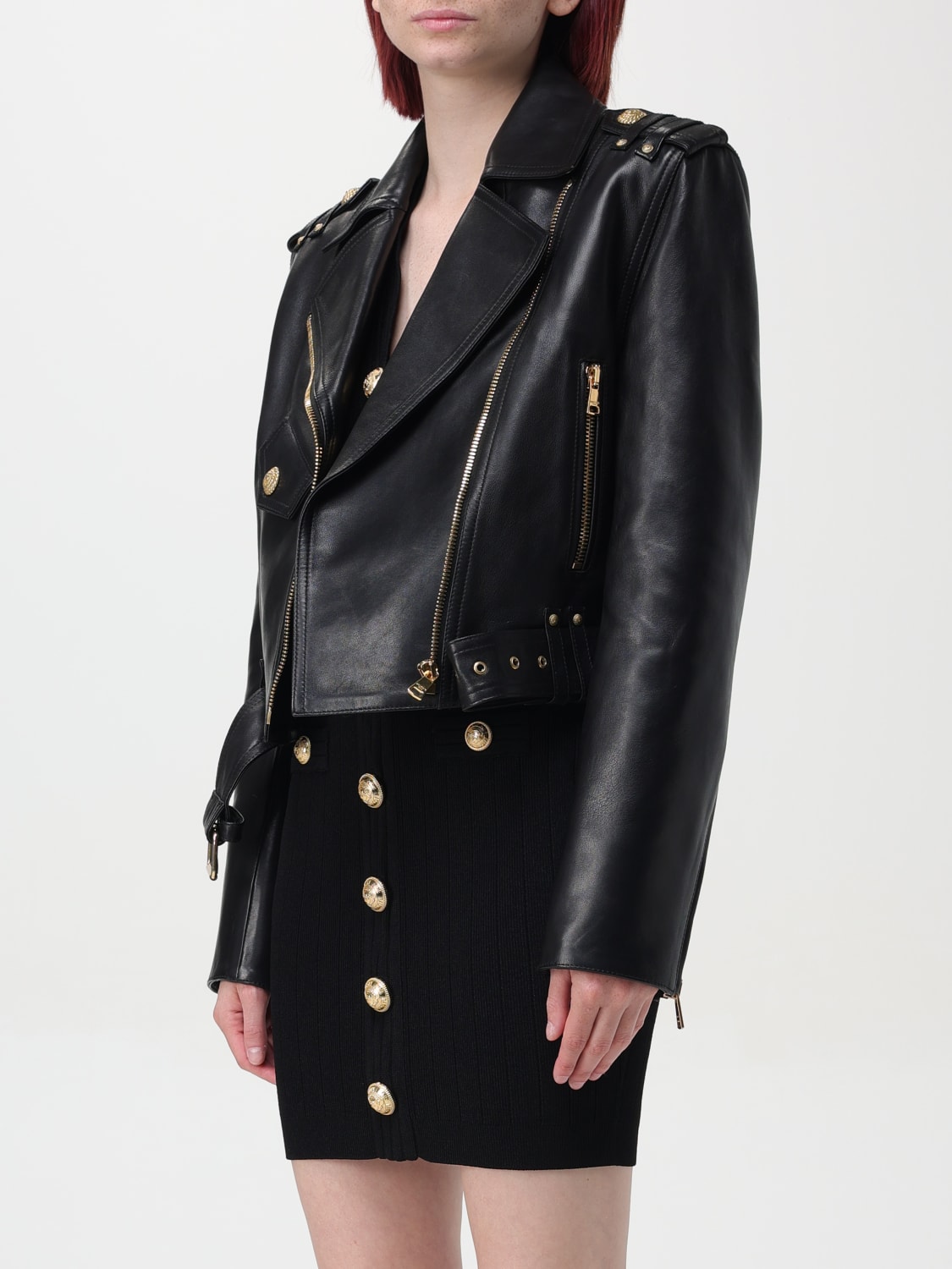 ジャケット BALMAIN Woman Jacket Black DF1TD205LC62 0PA Zipped leather biker jacket black black - Women | BALMAIN