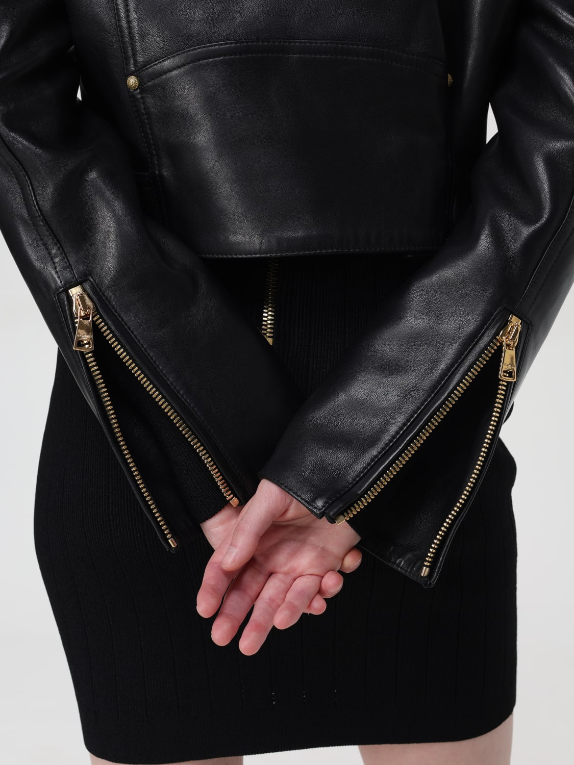 ジャケット BALMAIN Woman Jacket Black DF1TD205LC62 0PA Zipped leather biker jacket black black - Women | BALMAIN