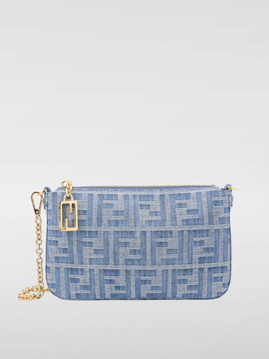 Giglio Pouch Baguette Fendi in denim con monogram FF jacquard