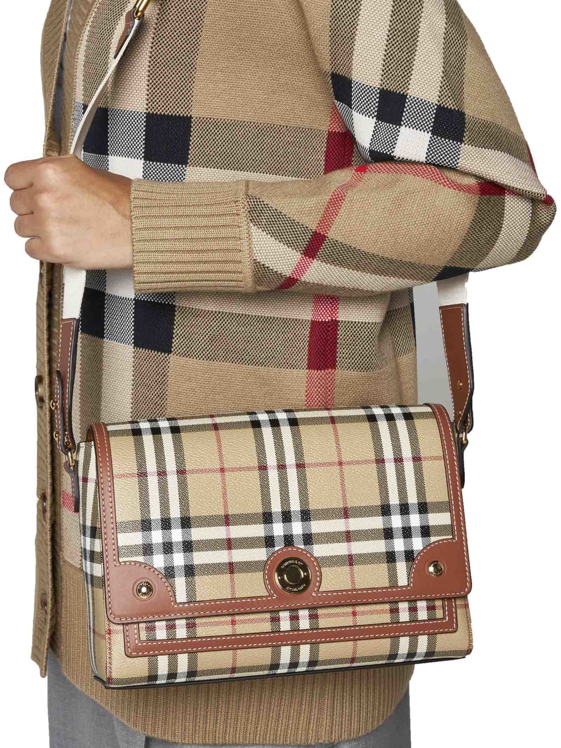 BURBERRY BORSA A SPALLA: Borsa Vintage Check Note Burberry in cotone spalmato e pelle, Marrone - Img 2