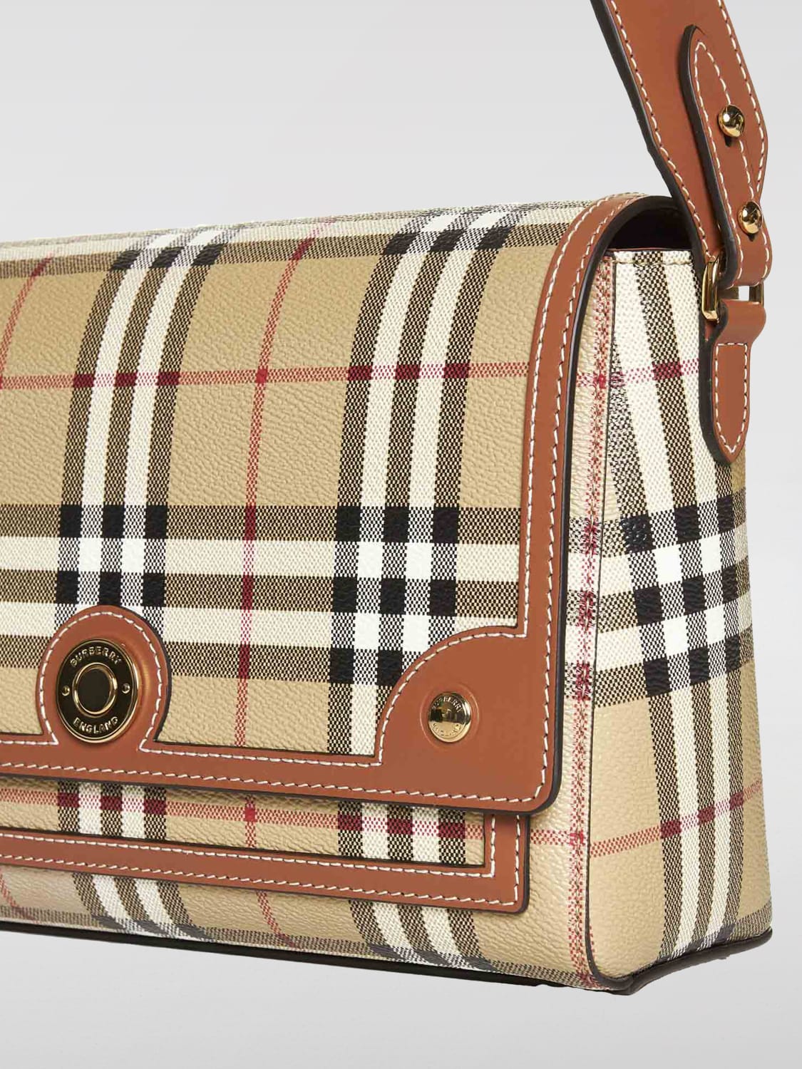 BURBERRY BORSA A SPALLA: Borsa Vintage Check Note Burberry in cotone spalmato e pelle, Marrone - Img 4